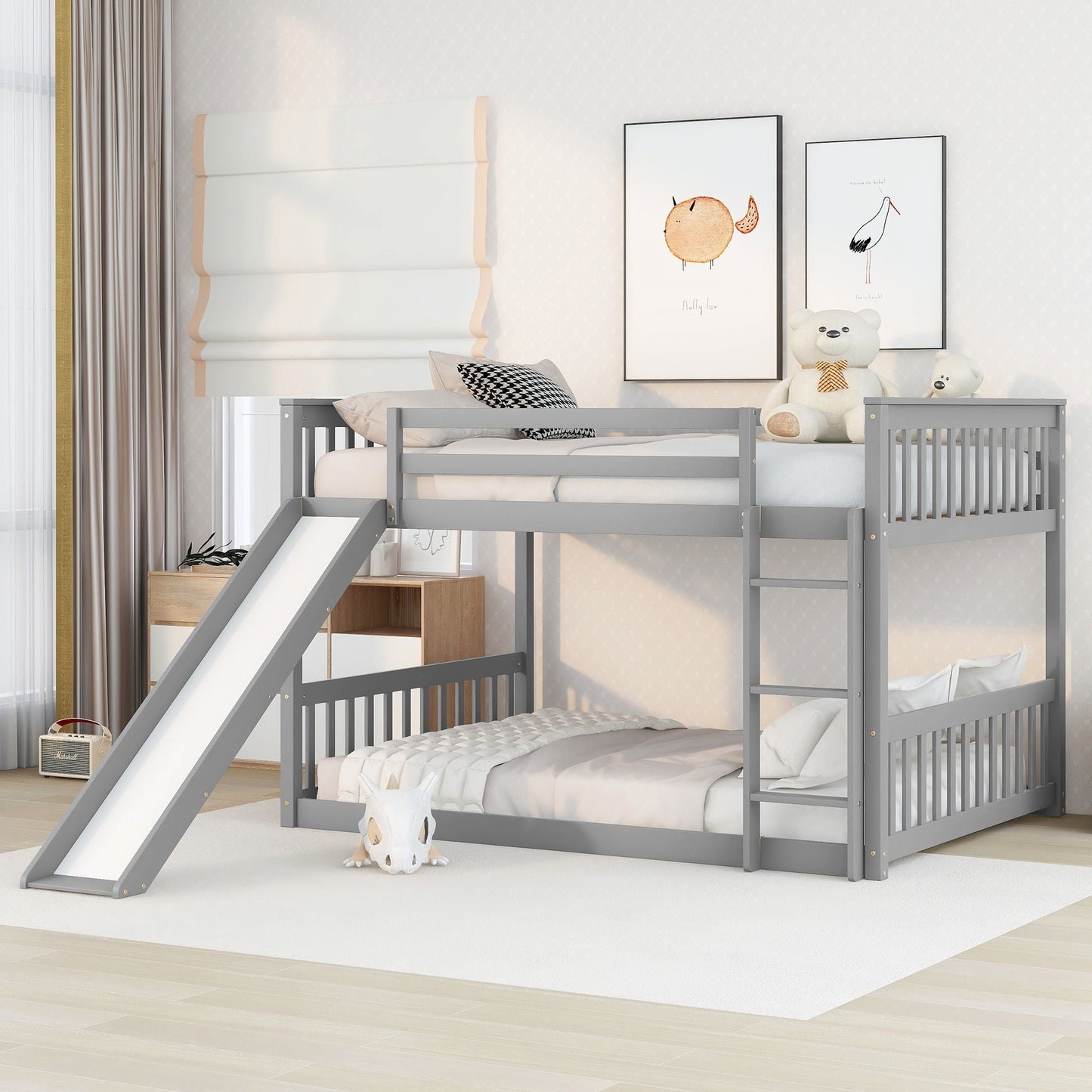 Space-Saving Full Over Full Wood Bunk Bed with Slide and Safety Guardrails, White | Just Better Bunk Beds