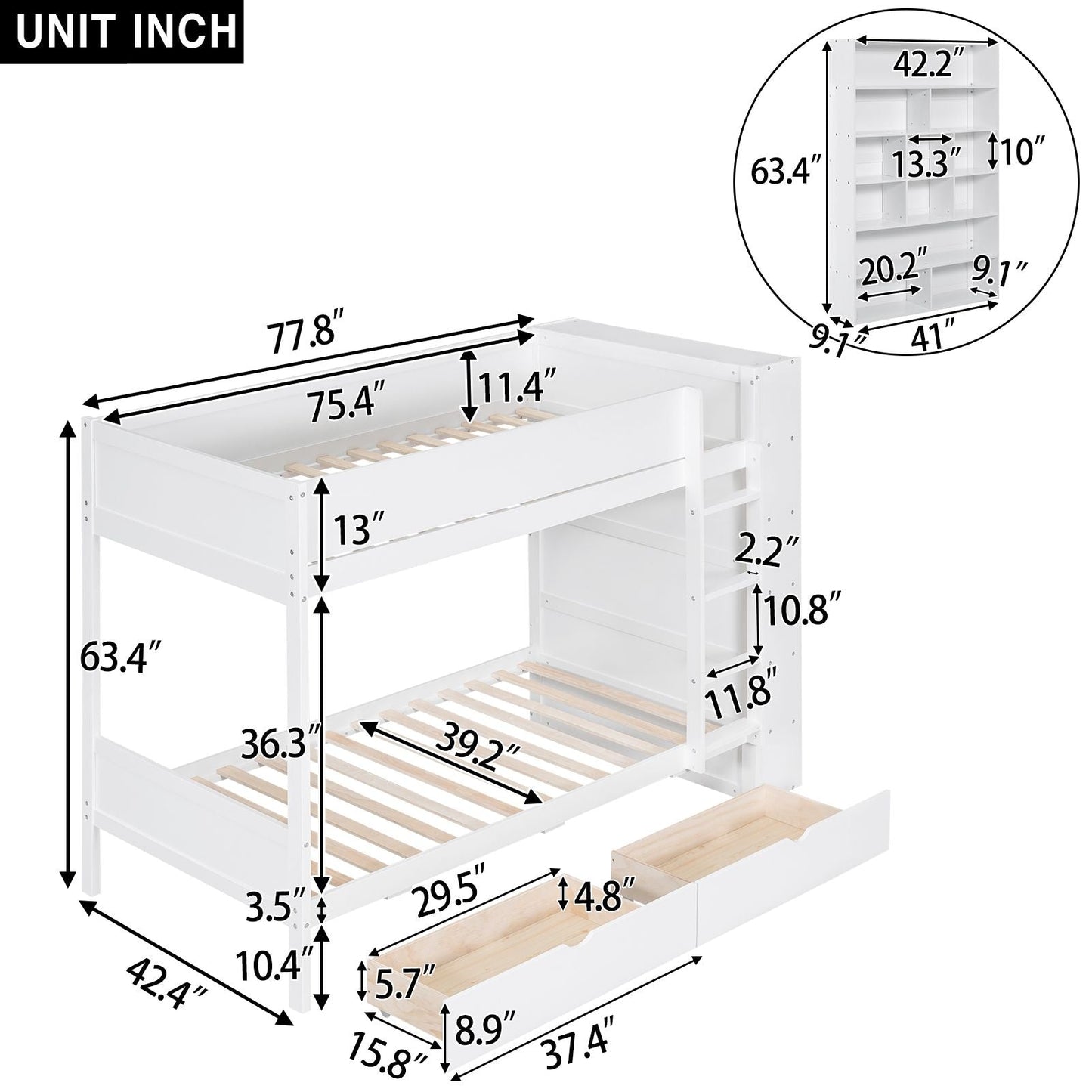 Storage Twin Over Twin Wood Bunk Bed with 2 Drawers and Multi-Layer Cabinet, White | Just Better Bunk Beds