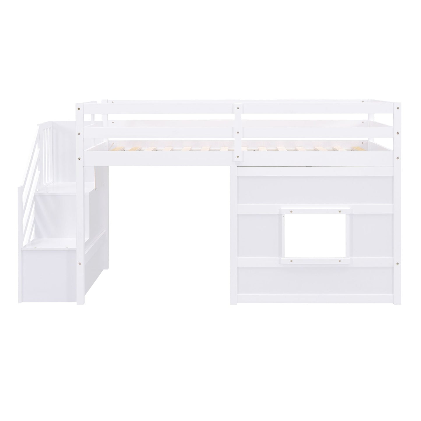 Space-Saving Twin Loft Wood Bed with Storage Staircase and Window, White | Just Better Bunk Beds