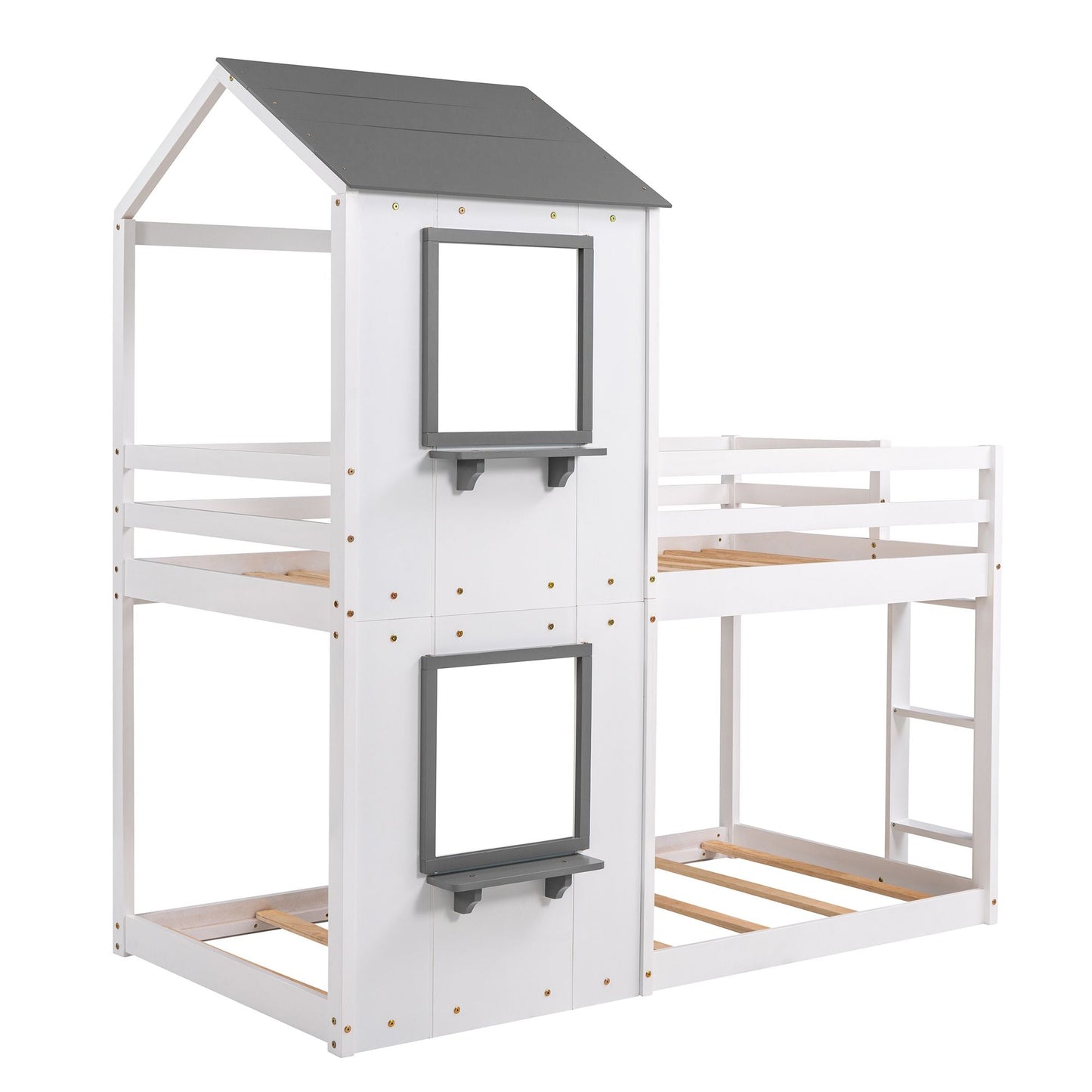 Kids Bedroom Twin Over Twin Wood Bunk Bed with Roof, Window, Guardrail, Ladder, White | Just Better Bunk Beds