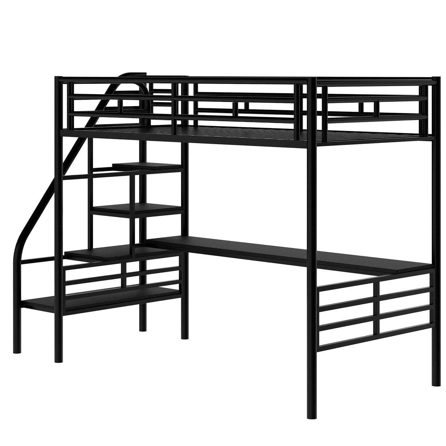 Space-Saving Compact Twin Metal Loft Bed with Desk, No Box Spring Needed, Easy Assembly, Black | Just Better Bunk Beds