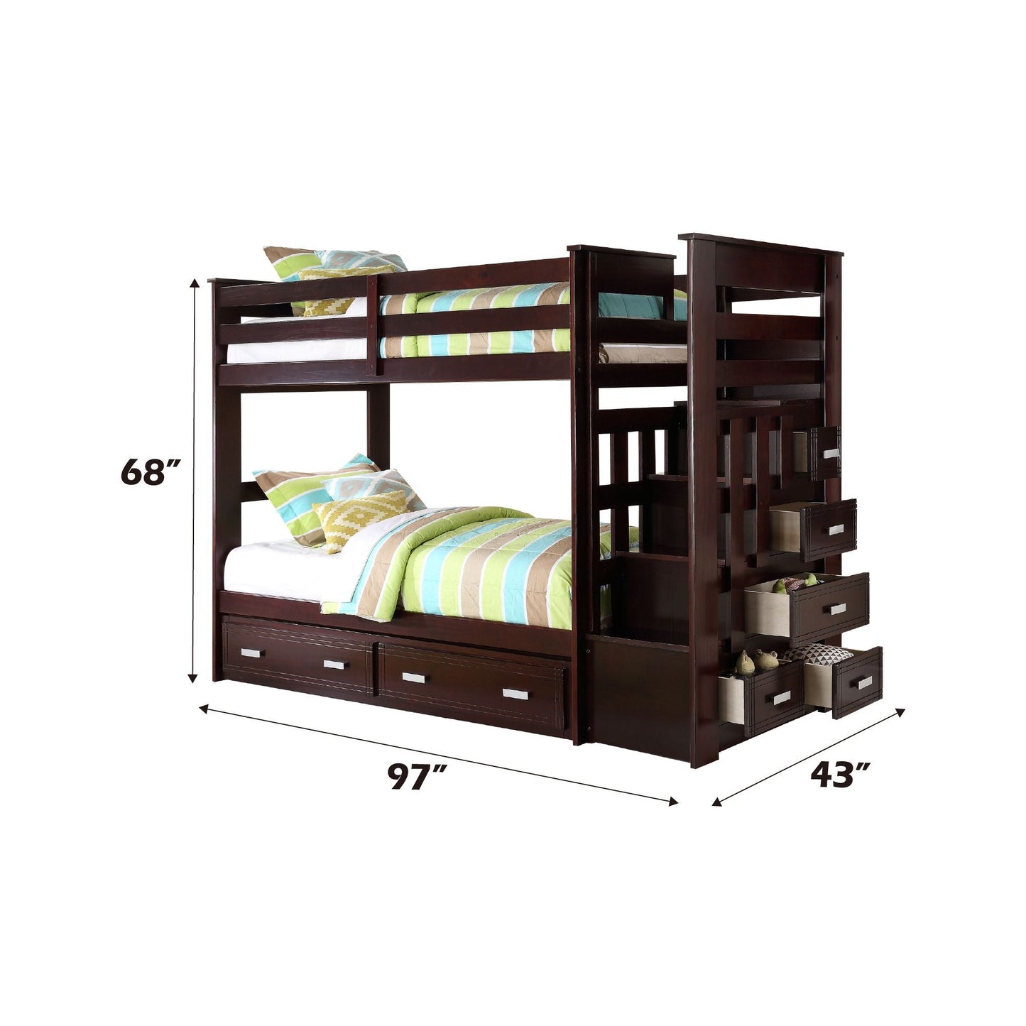 Space-Saving Twin Over Twin Wood Bunk Bed with Trundle and Storage, Espresso | Just Better Bunk Beds