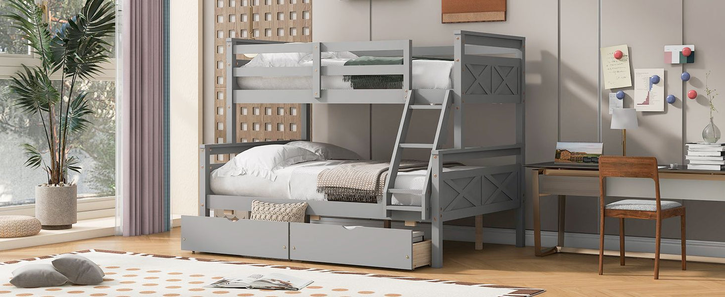 Heavy-Duty Twin Over Full Wood Bunk Bed with Ladder, Storage Drawers, Safety Guardrail, Gray | Just Better Bunk Beds