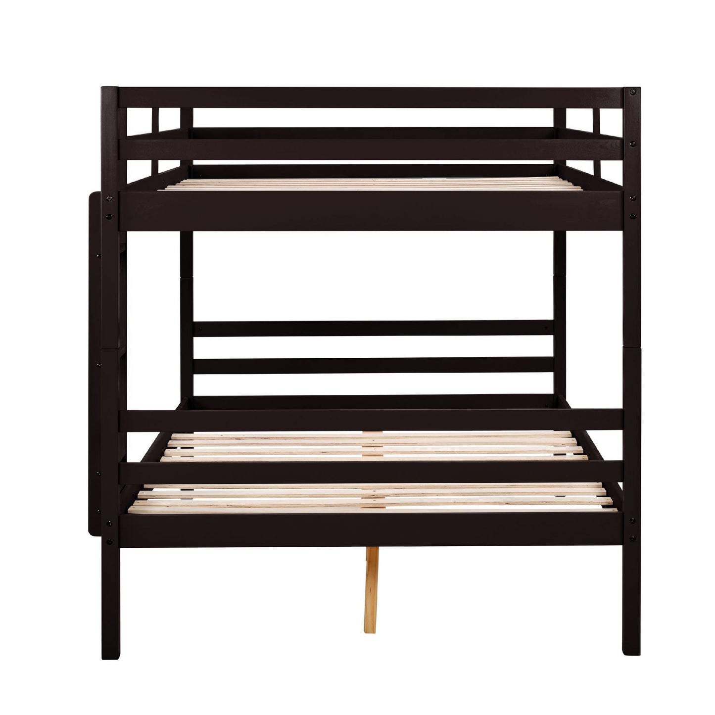 Dorm Room Full Over Full Wood Bunk Bed with Ladder and Guardrail, Espresso | Just Better Bunk Beds