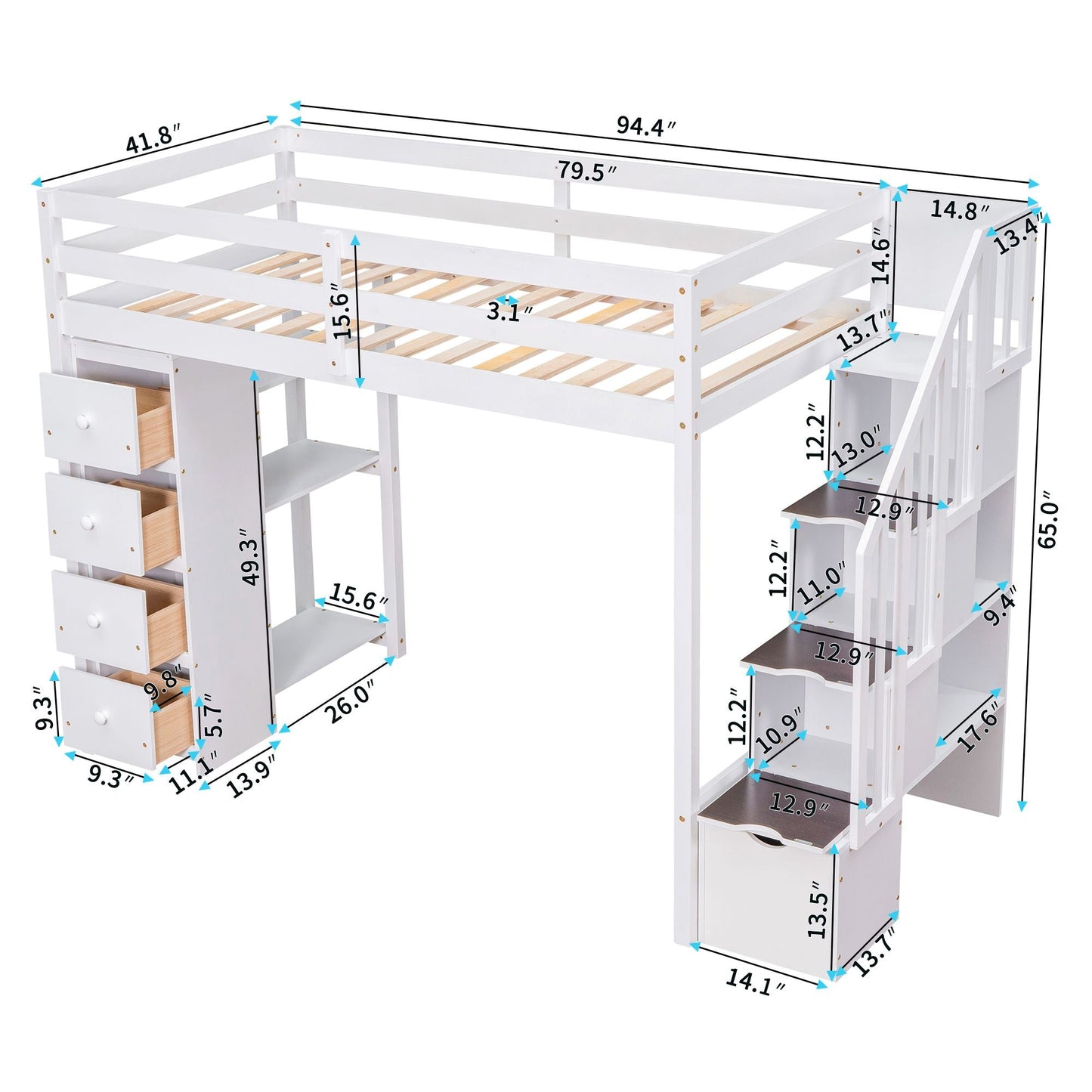 Kids Bedroom Twin Wood Loft Bed with Storage Drawers and Stairs, Espresso | Just Better Bunk Beds