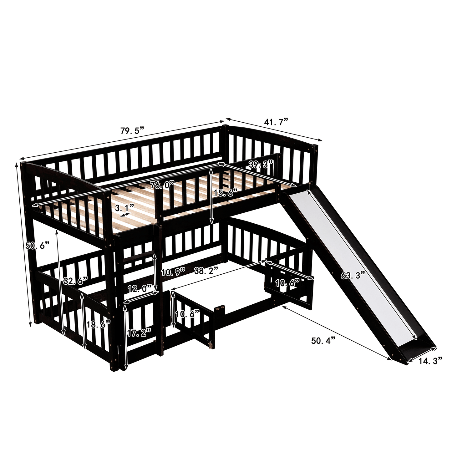 Safe Twin Over Twin Wood Low Bunk Bed with Slide, White with Fence and Ladder | Just Better Bunk Beds