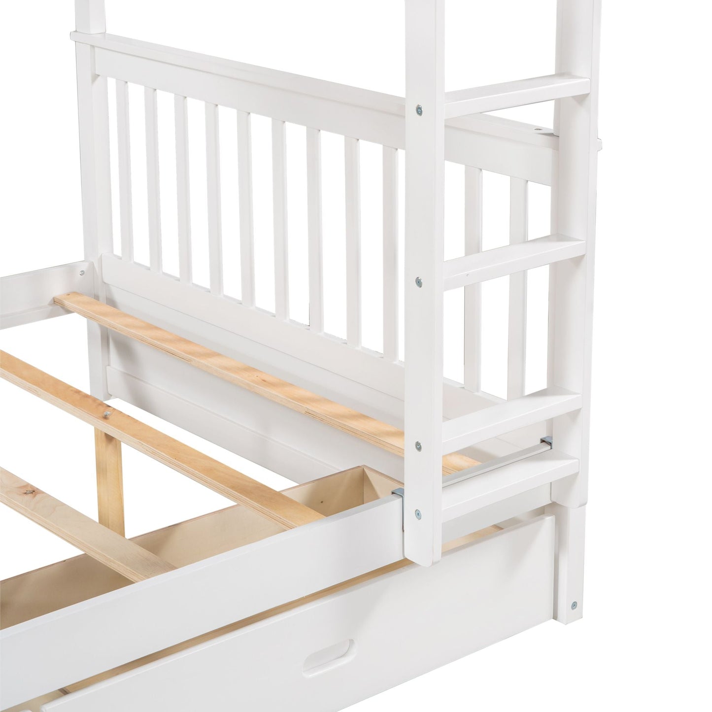 Spacious Full Over Full Wood Bunk Bed with Ladders and Two Storage Drawers, White | Just Better Bunk Beds