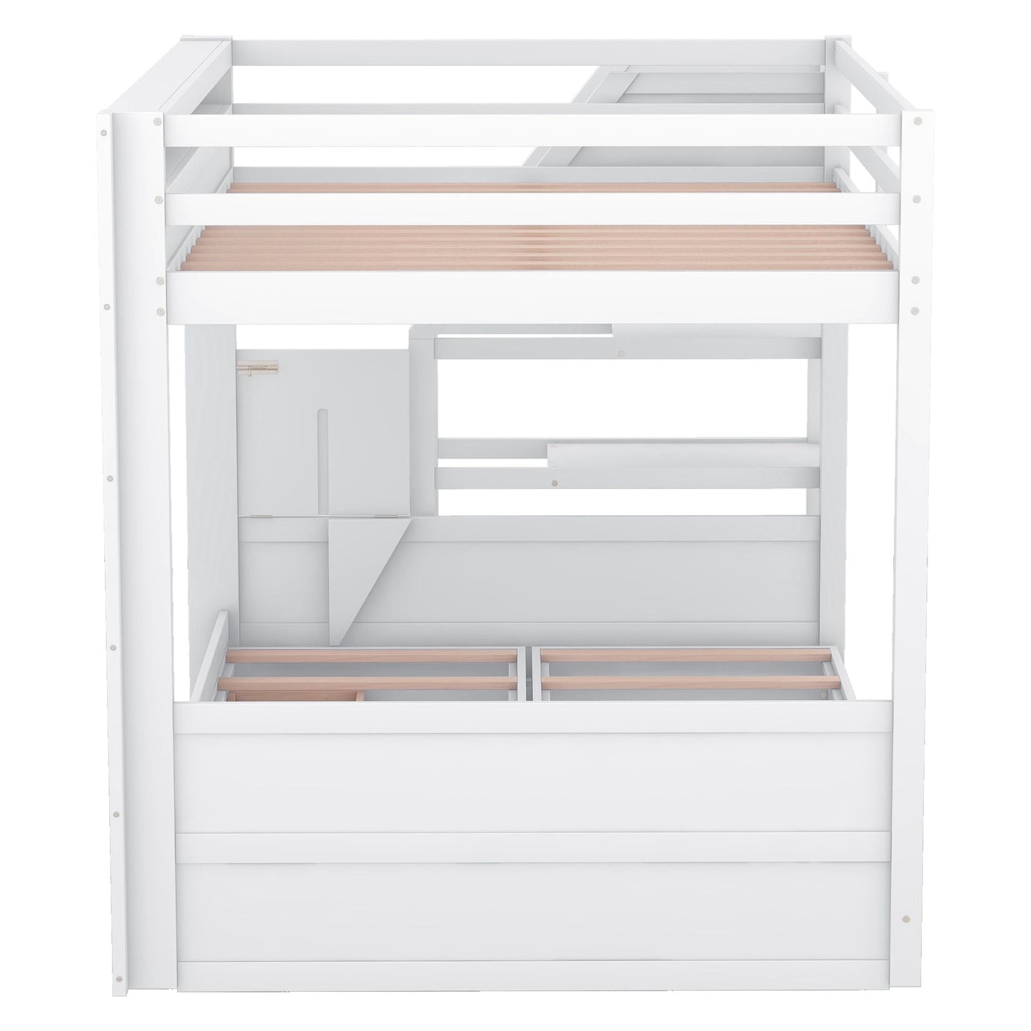 Convertible Full Wood Bunk Bed with Storage Staircase, Bedside Table, 3 Drawers, White | Just Better Bunk Beds