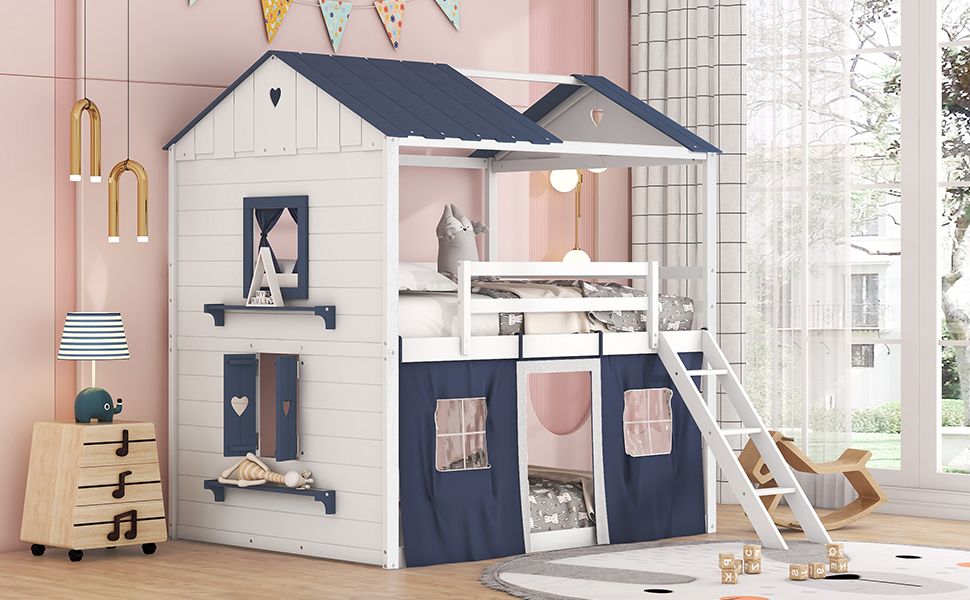 Kids Bedroom Full Wood House-Style Bunk Bed with Windows and Tent, Blue White | Just Better Bunk Beds
