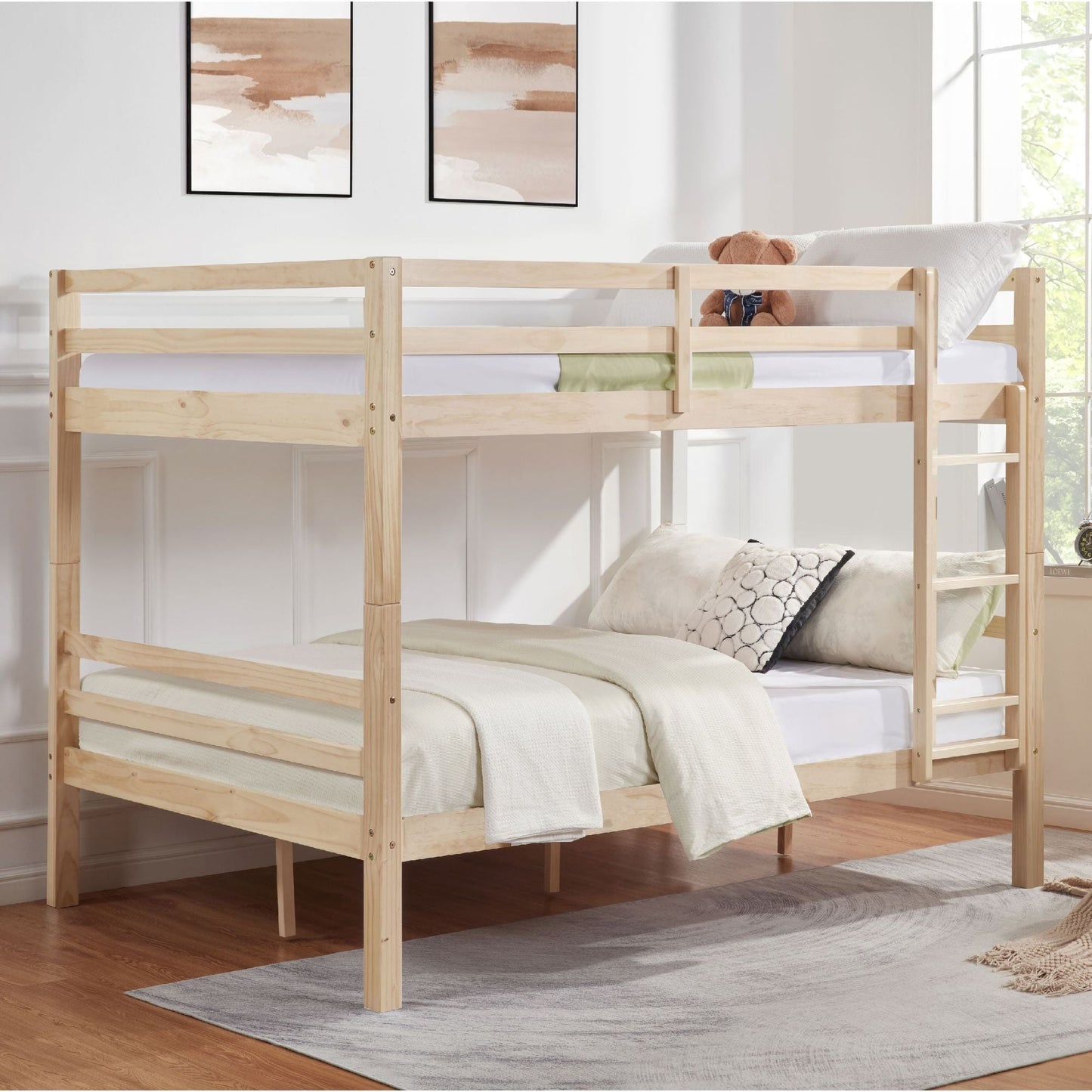 Heavy-Duty Full Over Full Wood Bunk Bed with Thick Posts, High Guardrail, Ladder, Natural | Just Better Bunk Beds