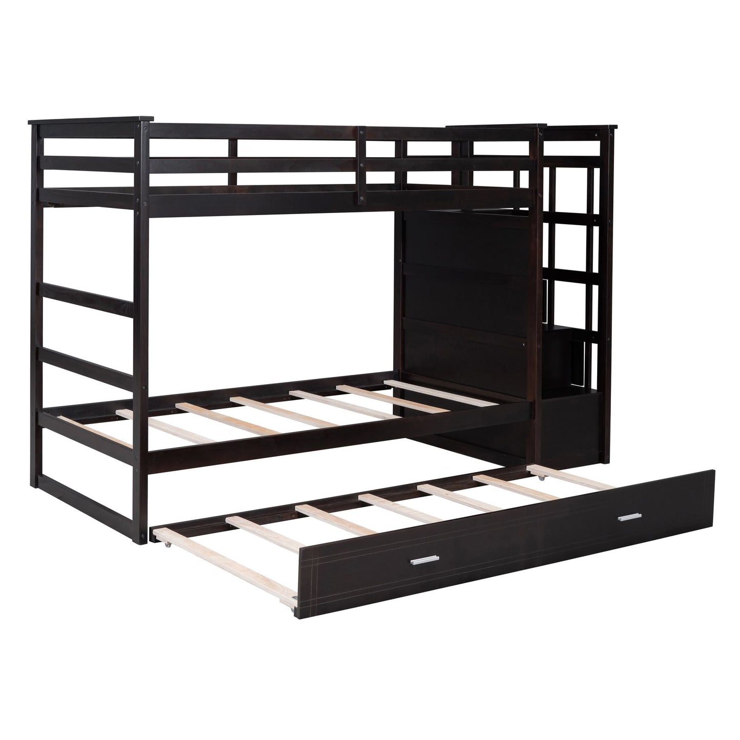Shared Room Solution Twin Over Twin Wood Bunk Bed with Trundle and Staircase, Espresso | Just Better Bunk Beds