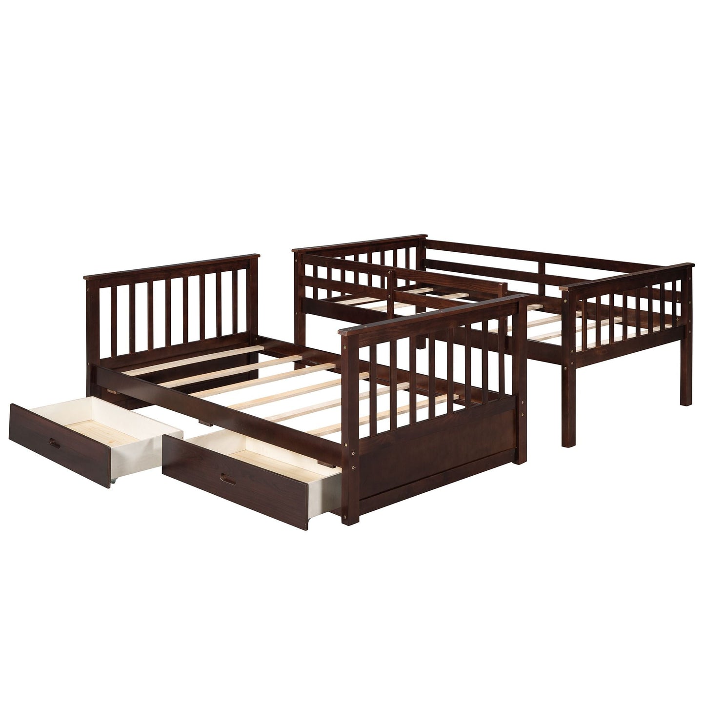 Storage Twin Over Twin Wood Bunk Bed with Ladders and Two Drawers, Espresso | Just Better Bunk Beds