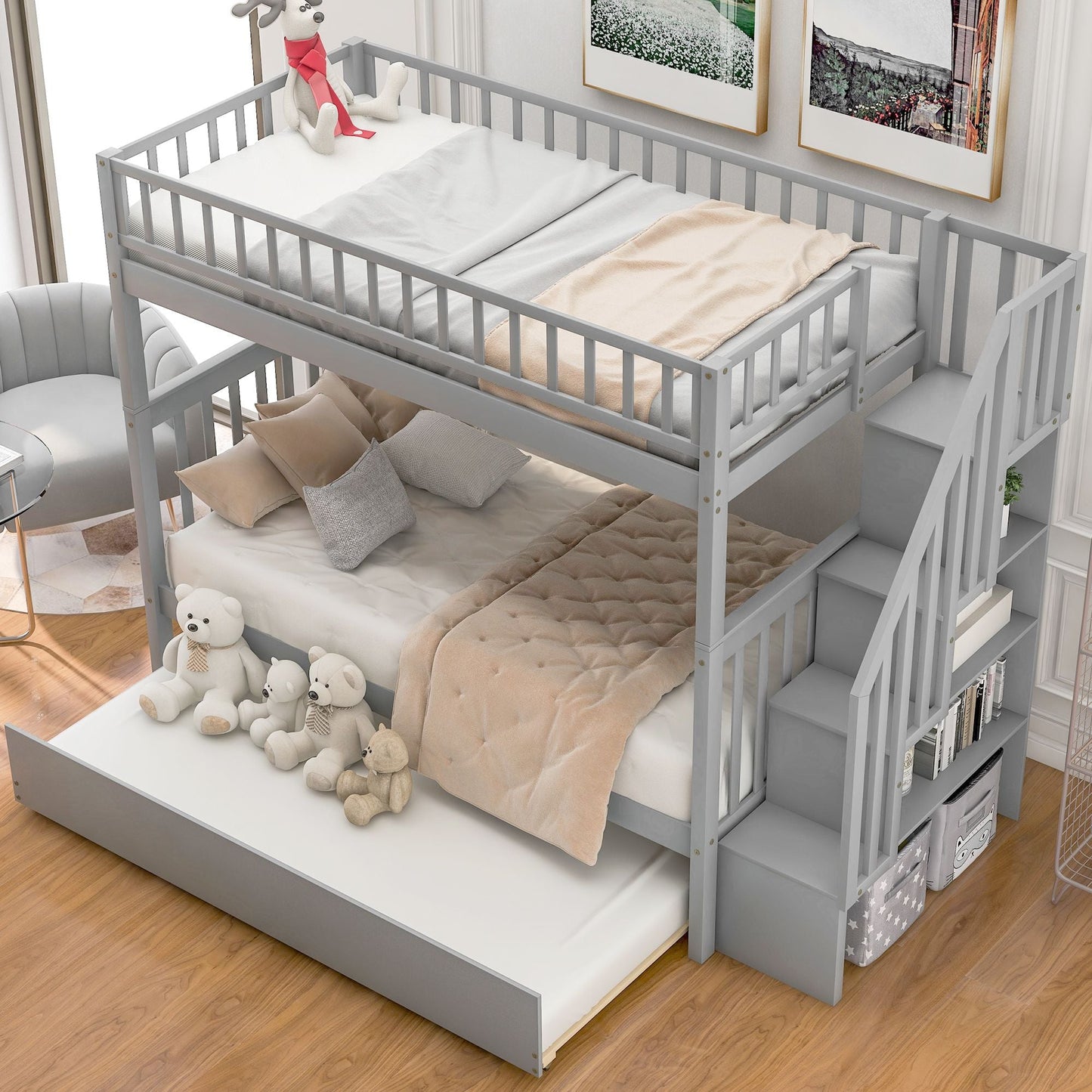 Storage-Enhanced Twin Over Twin Wood Bunk Bed with Trundle, Gray | Just Better Bunk Beds