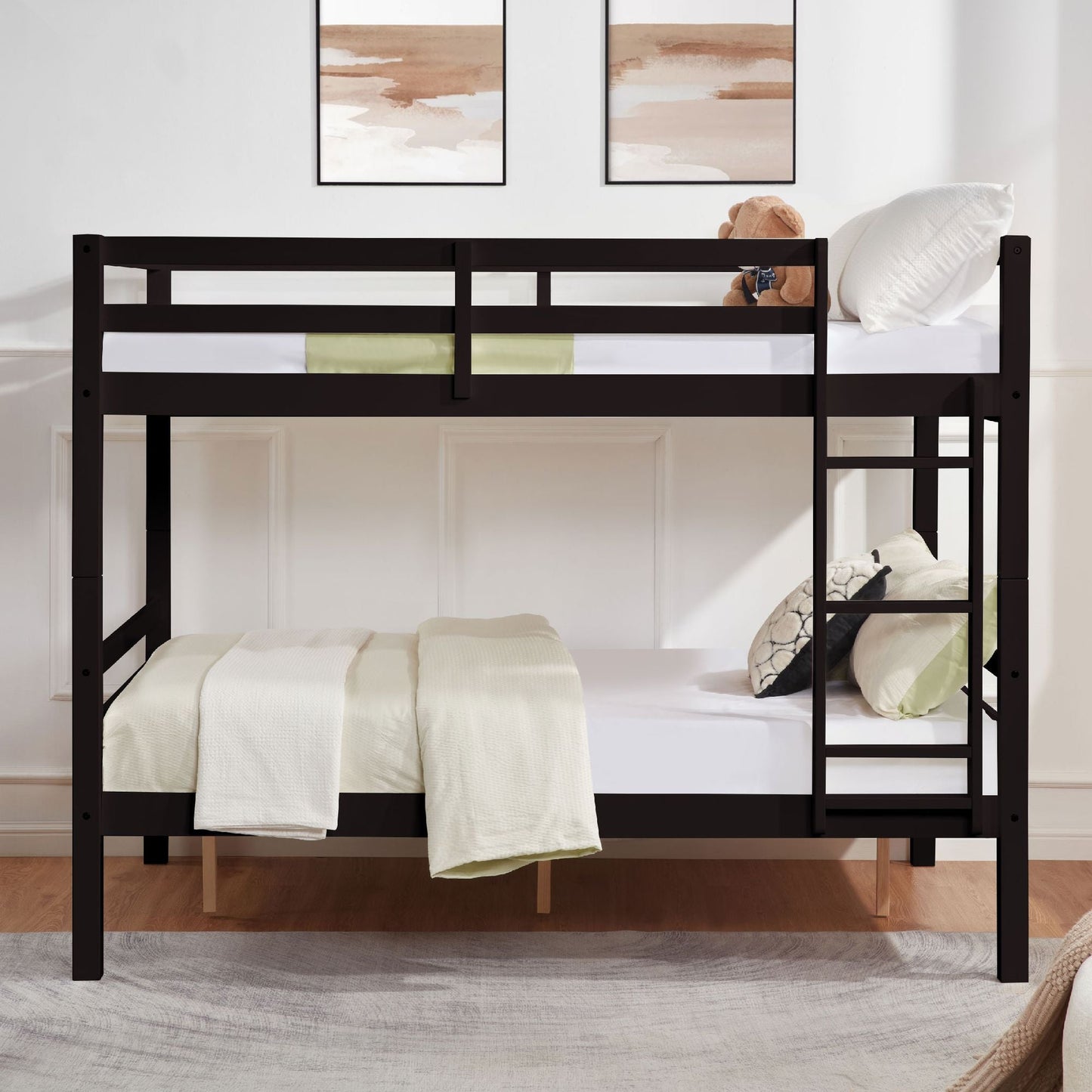 Durable Full Over Full Wood Bunk Bed with Thick Posts, High Guardrail, Ladder, Espresso | Just Better Bunk Beds