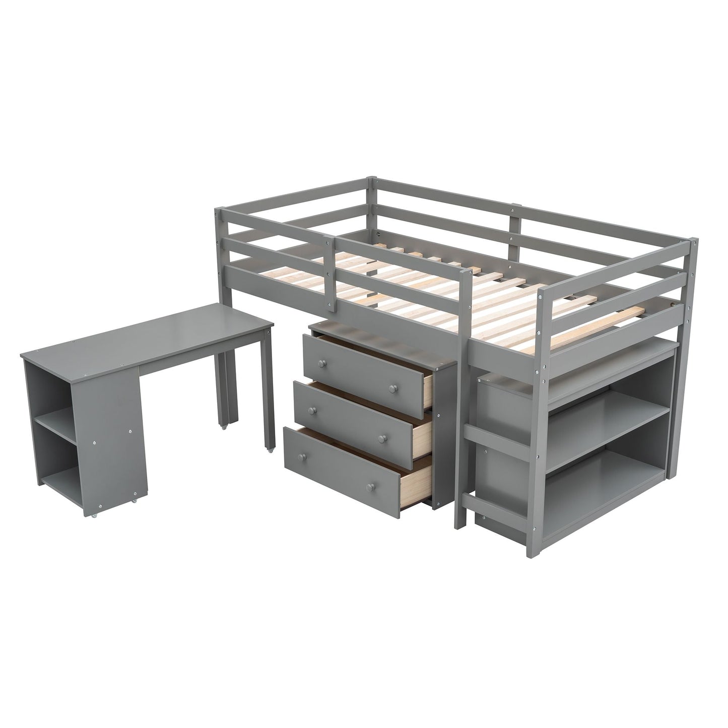 Kids Bedroom Twin Wood Loft Bed with Cabinet and Rolling Desk, White | Just Better Bunk Beds