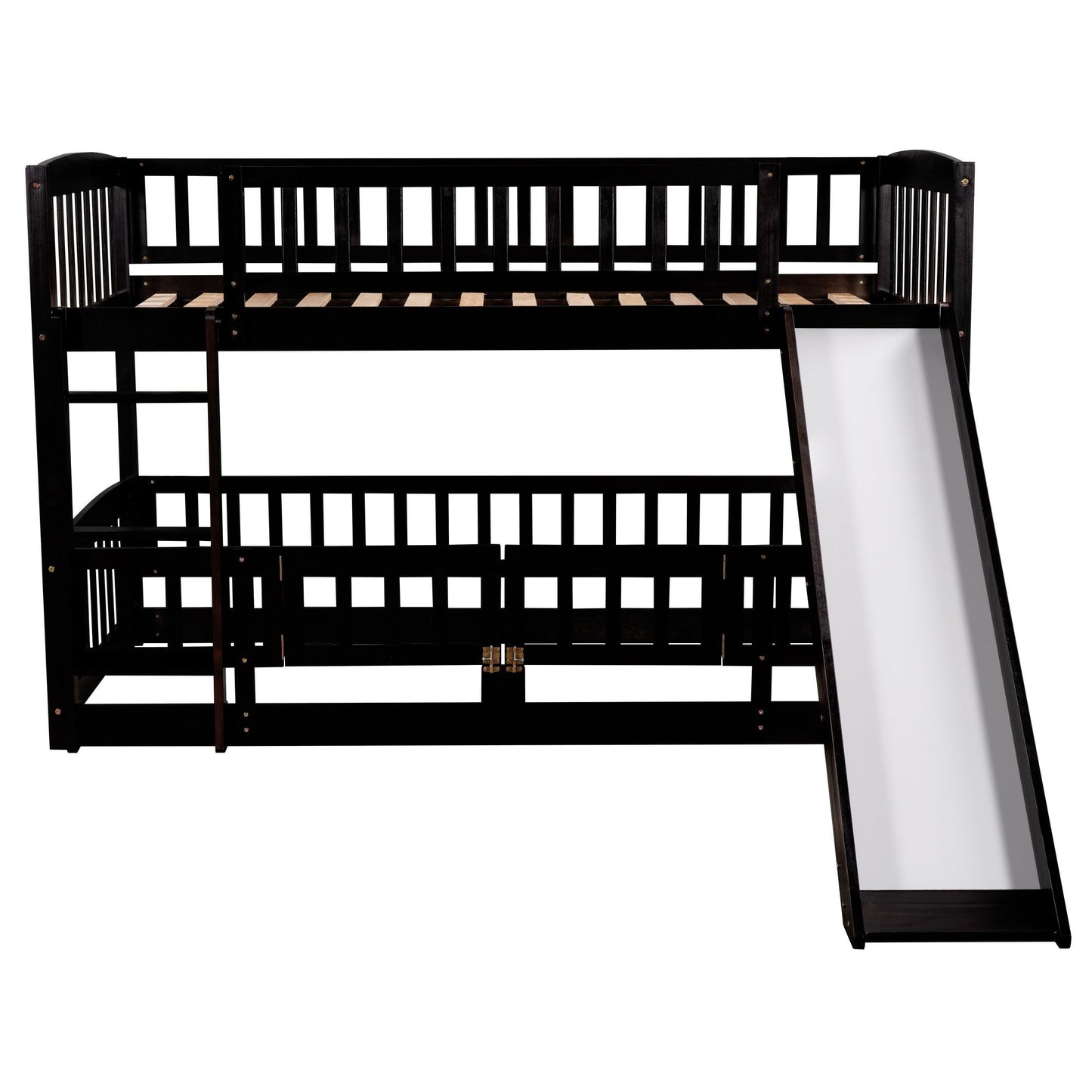 Kids Bedroom Twin Over Twin Wood Low Bunk Bed with Slide, Fence and Ladder, White | Just Better Bunk Beds
