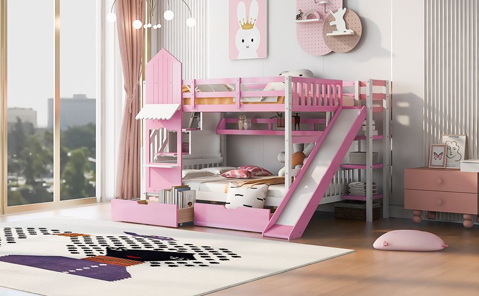 House-Style Full Over Full Wood Castle Bunk Bed with Drawers, Shelves, and Slide, Pink | Just Better Bunk Beds