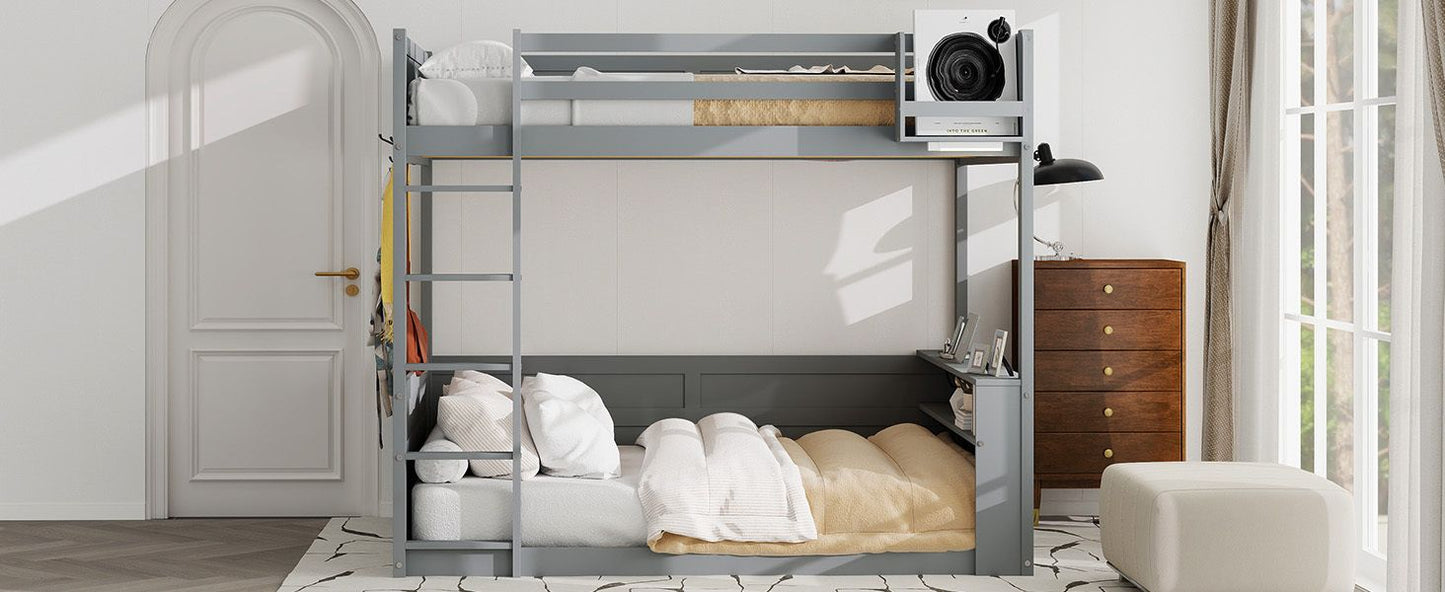Kids Bedroom Queen Wood Bunk Bed with Built-in Shelves, Storage Box, LED Light, USB Charging, Gray | Just Better Bunk Beds
