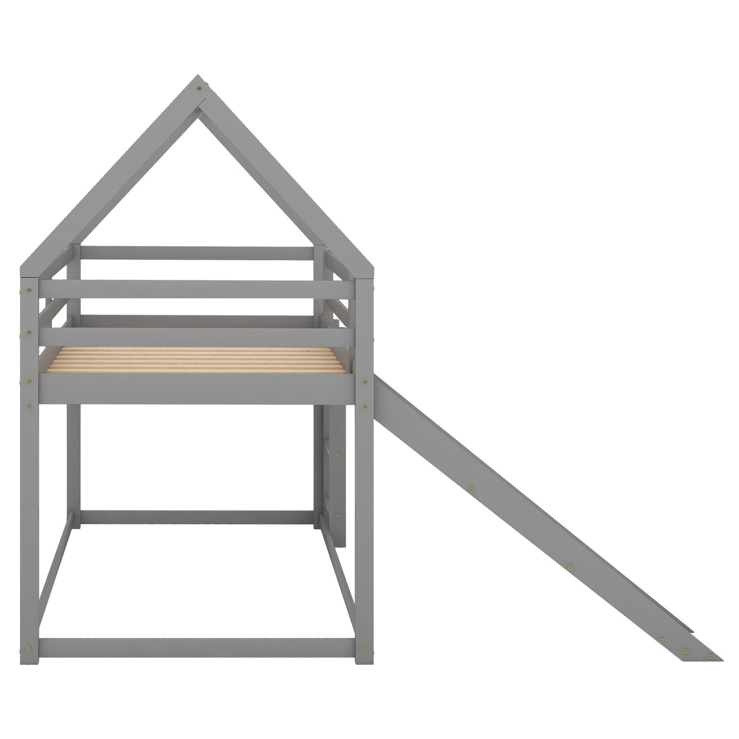 Twin Size Bunk House Bed with Slide and Ladder, Gray