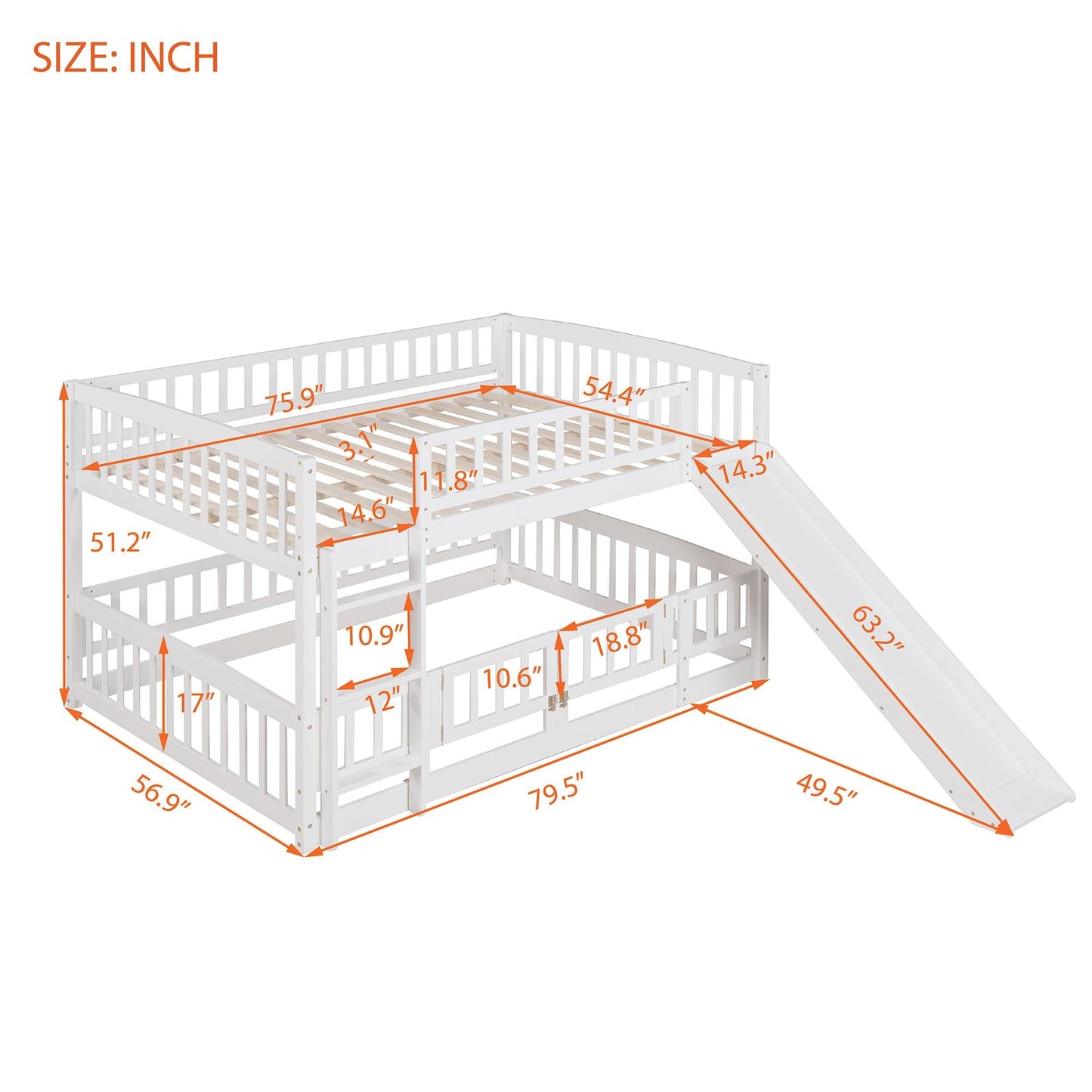 Kids Bedroom Full Over Full Wood Bunk Bed with Slide, Fence, Ladder, White | Just Better Bunk Beds