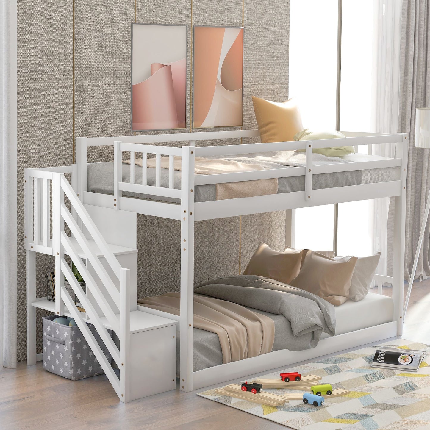Floor-Level Twin Over Twin Wood Bunk Bed with Ladder and Storage, White | Just Better Bunk Beds