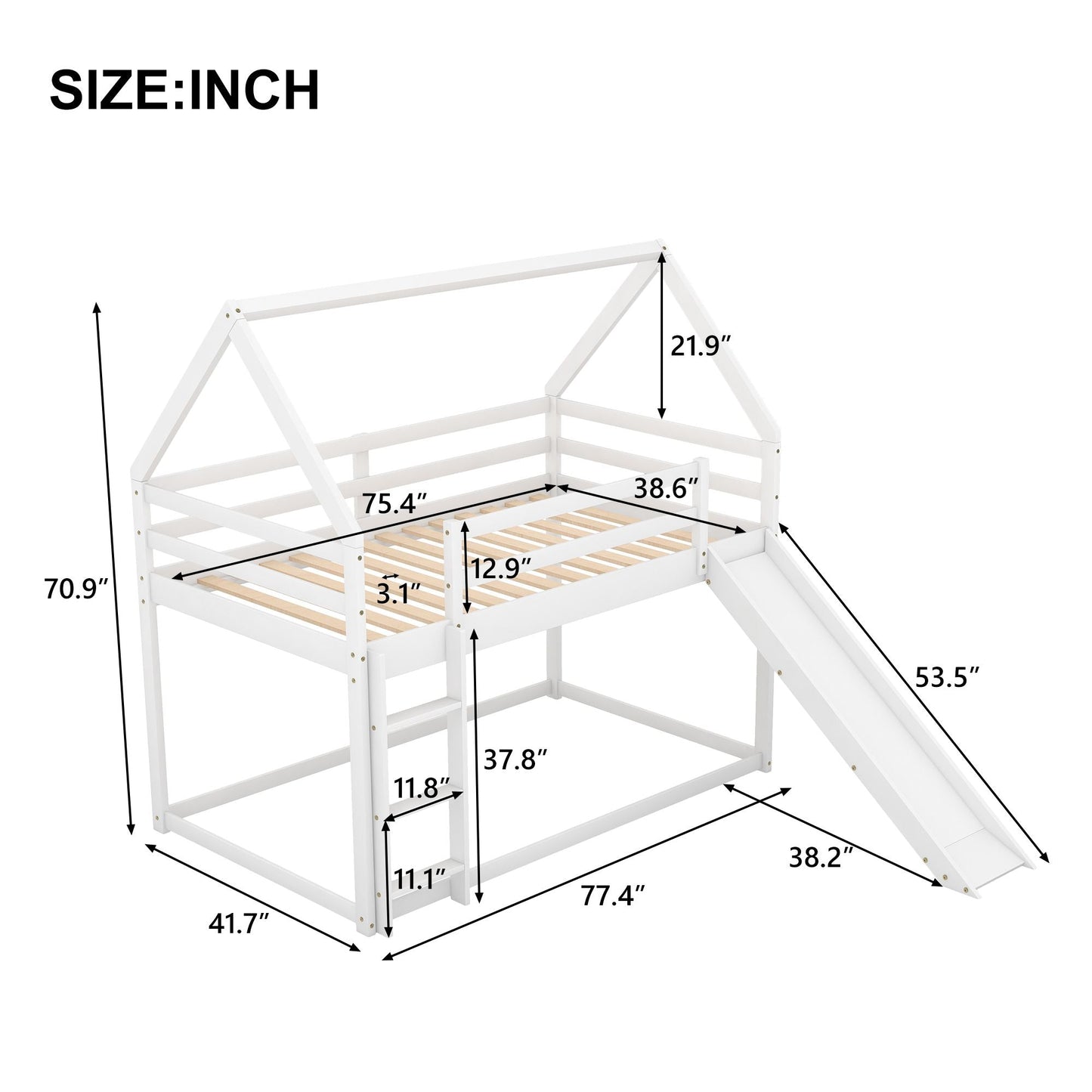 Kids Bedroom Twin Wood Bunk House Bed with Slide and Ladder, White | Just Better Bunk Beds