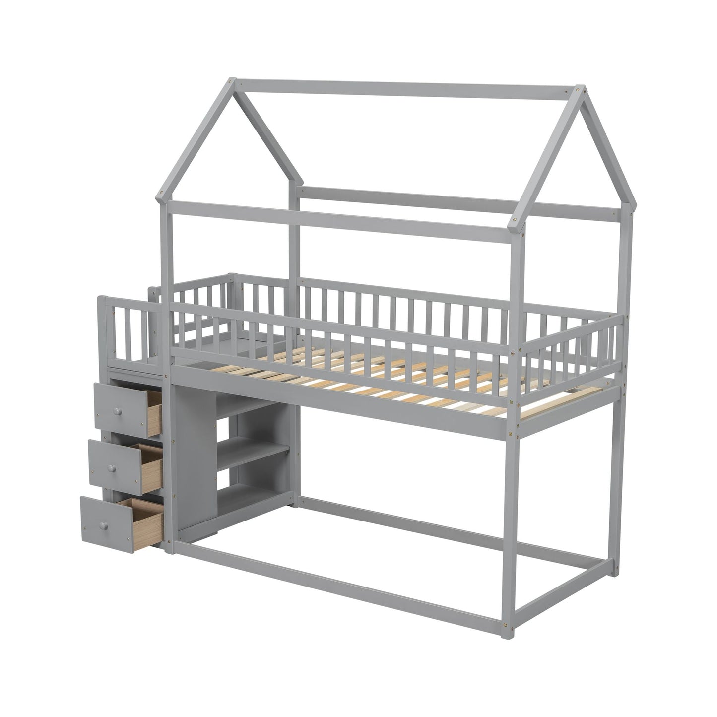 House-Style Twin Over Twin Wood Bunk Bed with Shelves and Drawers, Gray | Just Better Bunk Beds