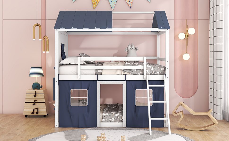 Kids Bedroom Full Wood House-Style Bunk Bed with Windows and Tent, Blue White | Just Better Bunk Beds