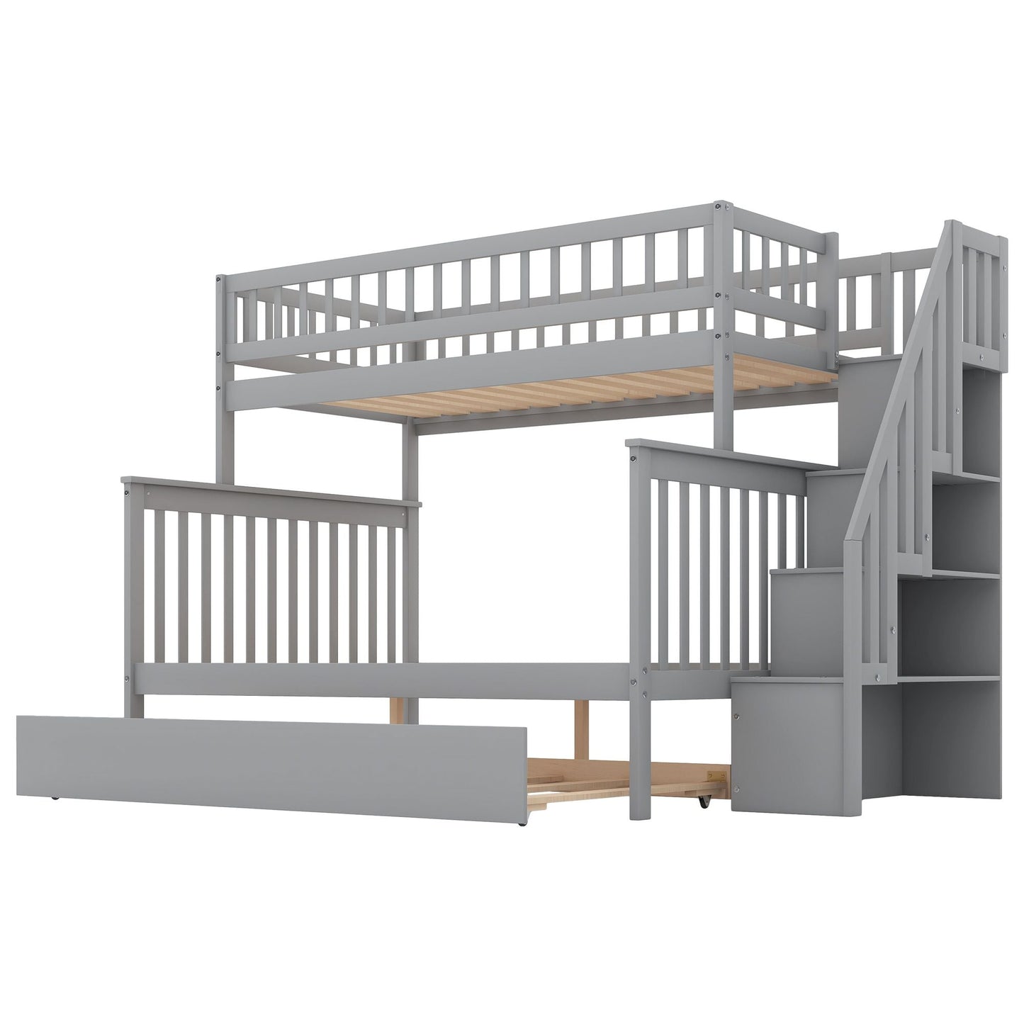 Staircase Storage Twin Over Full Wood Bunk Bed with Trundle, Gray | Just Better Bunk Beds