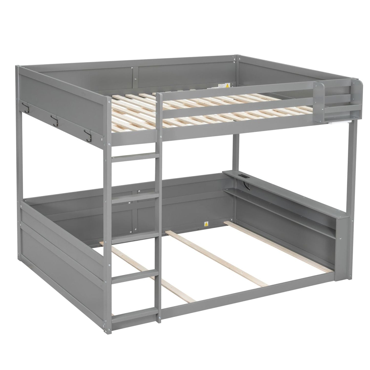 Kids Bedroom Queen Wood Bunk Bed with Built-in Shelves, Storage Box, LED Light, USB Charging, Gray | Just Better Bunk Beds