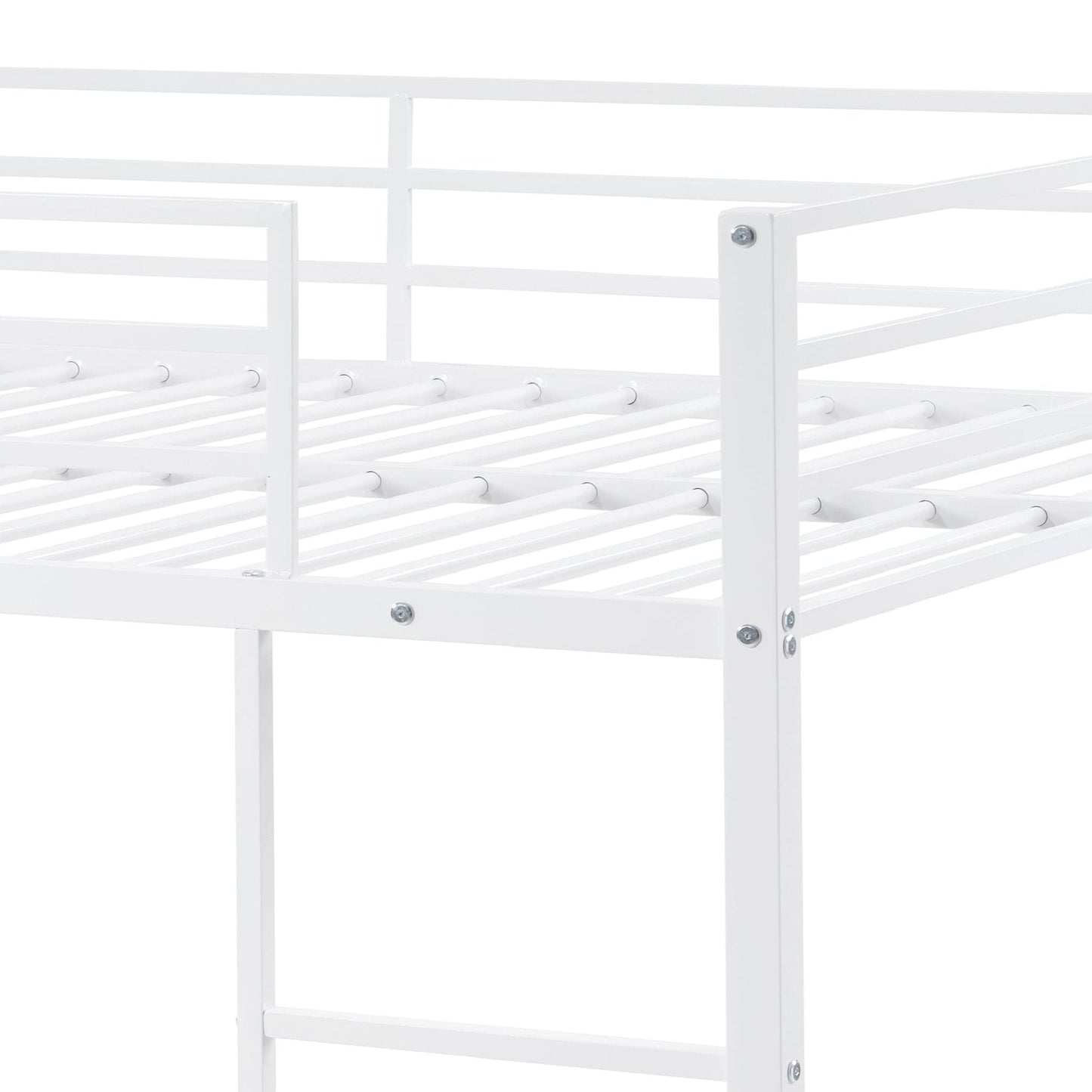 Heavy-Duty Full Over Full Metal Bunk Bed with Built-In Ladder and Safety Guard Rail, White | Just Better Bunk Beds