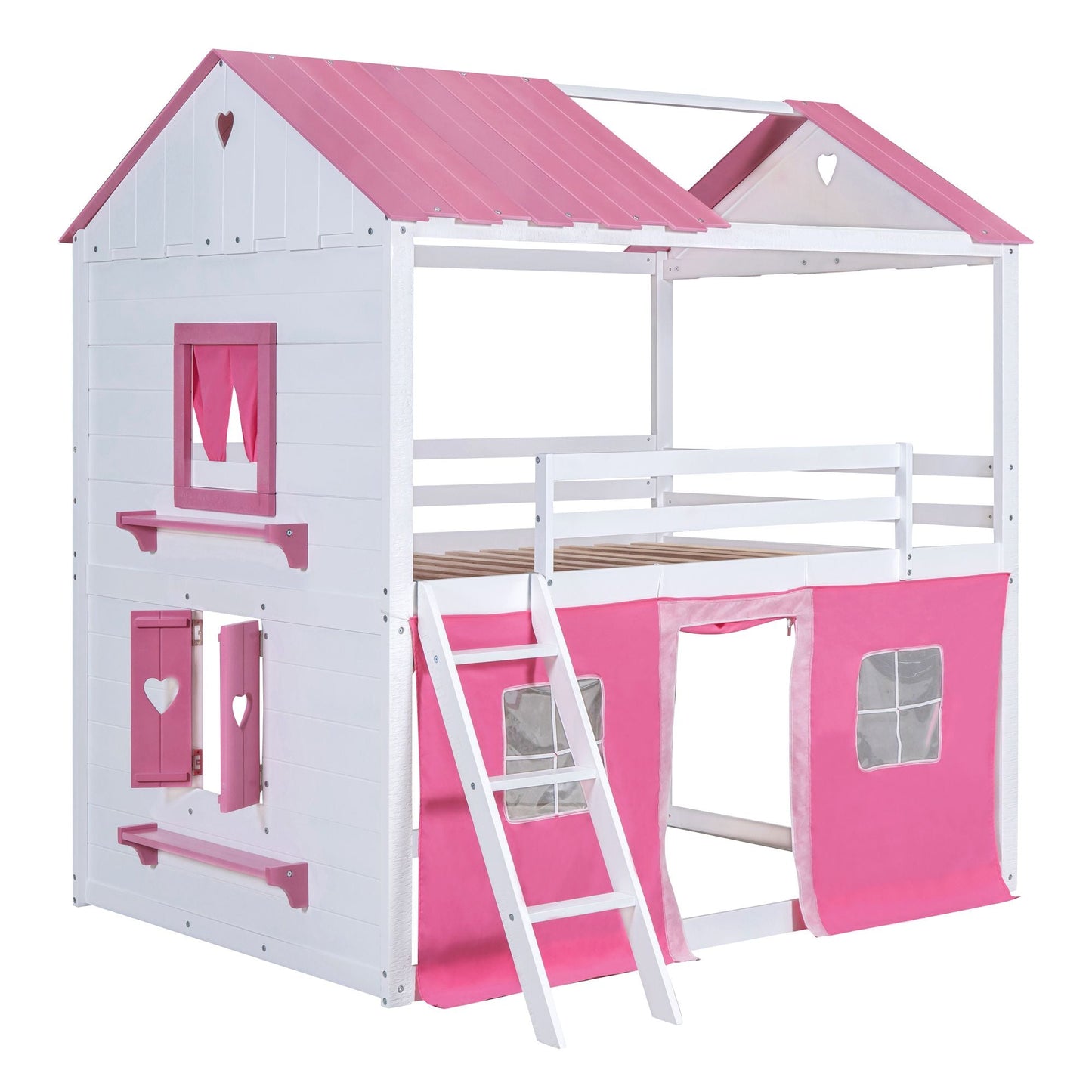 House-Style Full Wood Bunk Bed with Windows, Sills and Tent, Pink and White | Just Better Bunk Beds