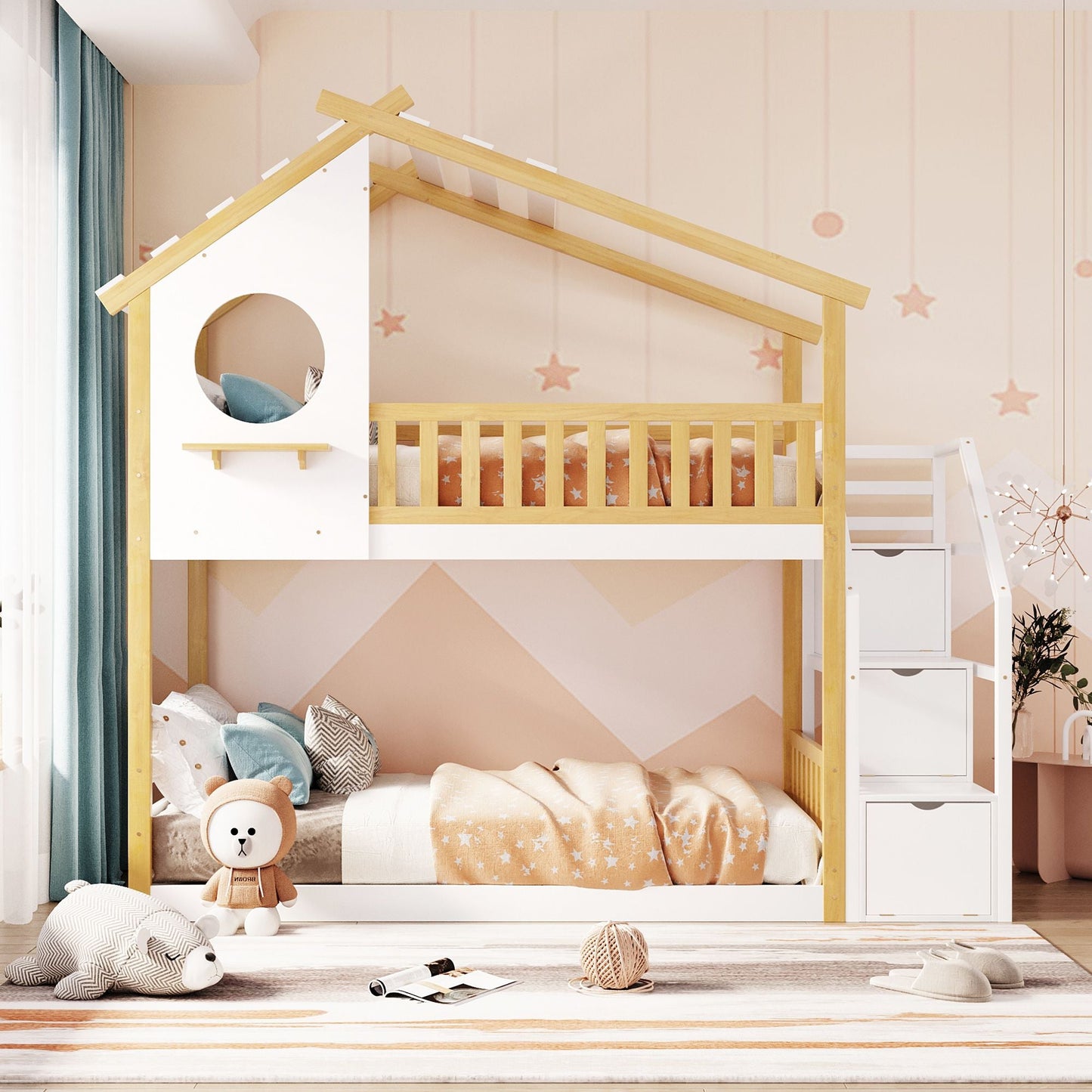 Staircase Storage Twin Over Twin Wood Bunk Bed with House Style, Storage, and Guard Rail, Natural and White | Just Better Bunk Beds