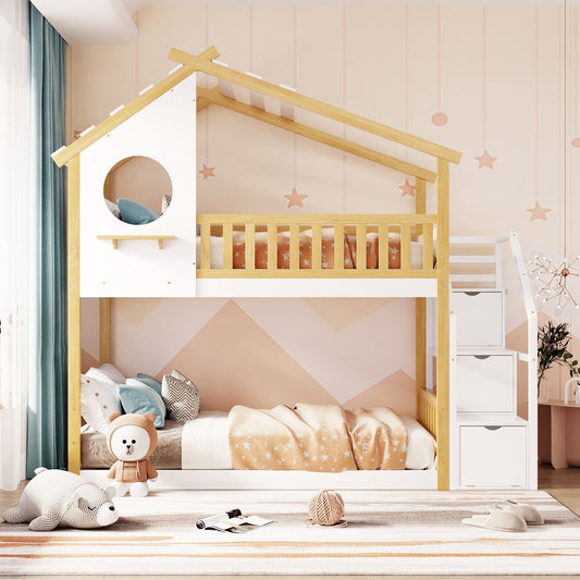 Staircase Storage Twin Over Twin Wood Bunk Bed with House Style, Storage, and Guard Rail, Natural and White | Just Better Bunk Beds