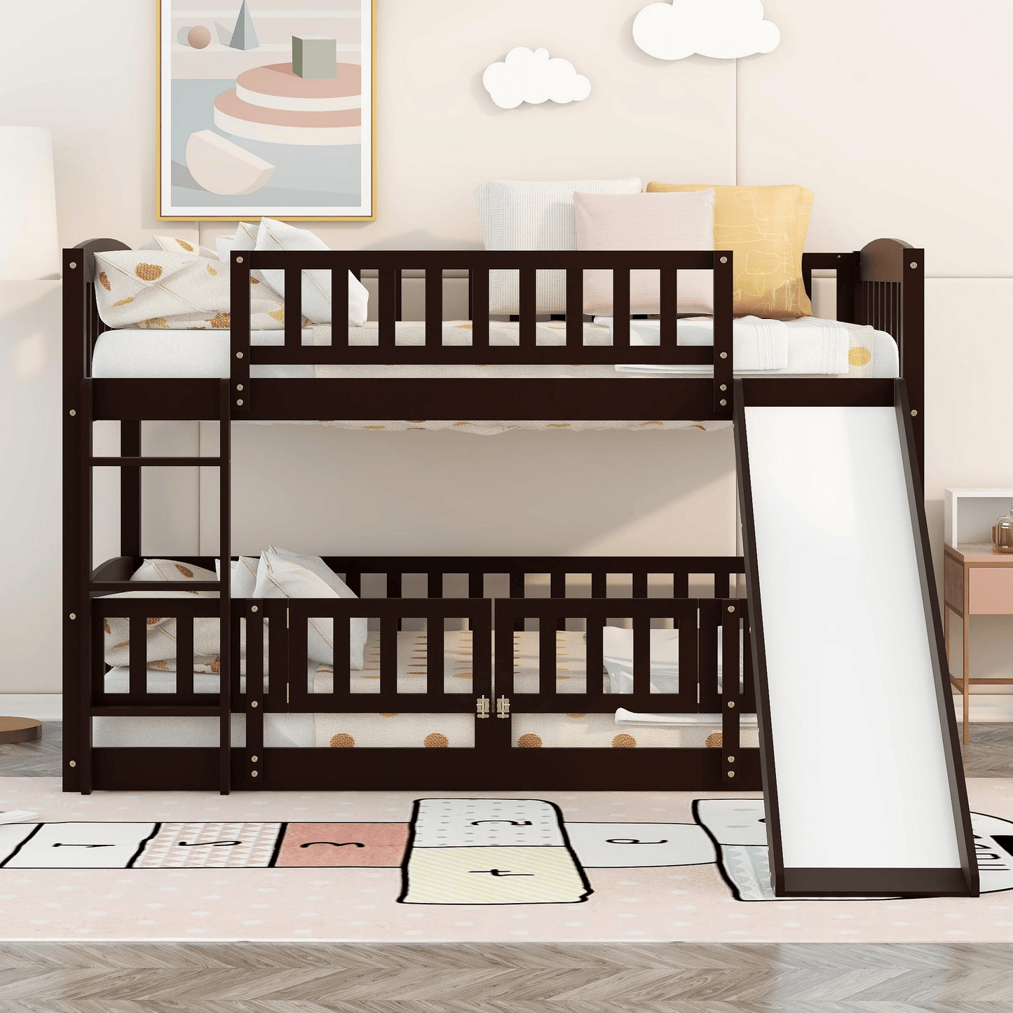 Kids Bedroom Twin Over Twin Wood Low Bunk Bed with Slide, Fence and Ladder, White | Just Better Bunk Beds