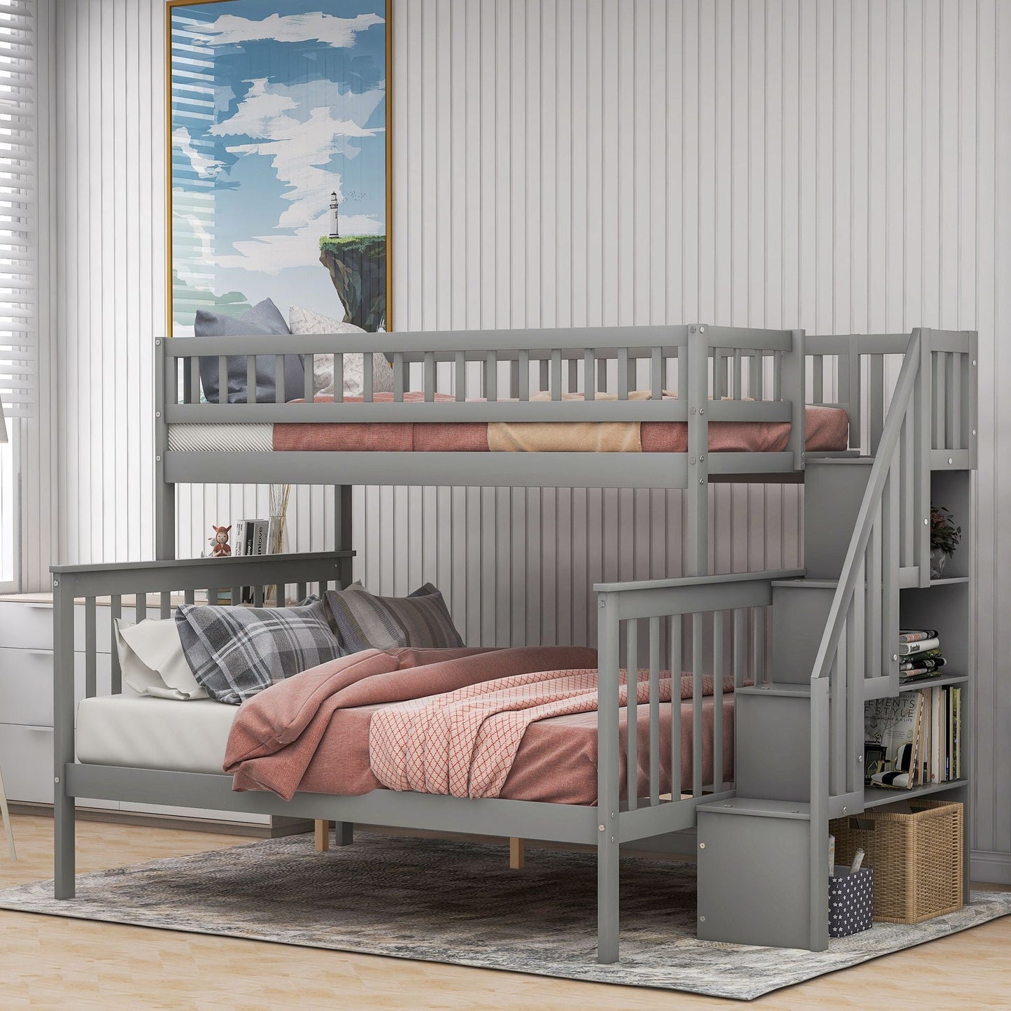 Staircase Storage Twin Over Full Wood Bunk Bed with Storage, White | Just Better Bunk Beds