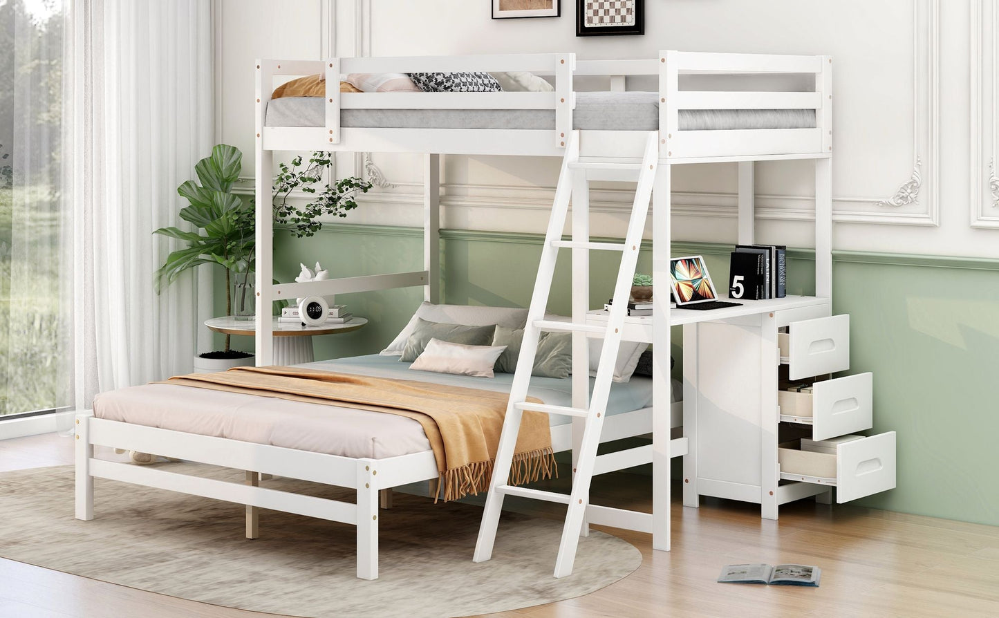 Space-Saving Twin Over Full Wood Bunk Bed with Built-in Desk and Drawers, White | Just Better Bunk Beds