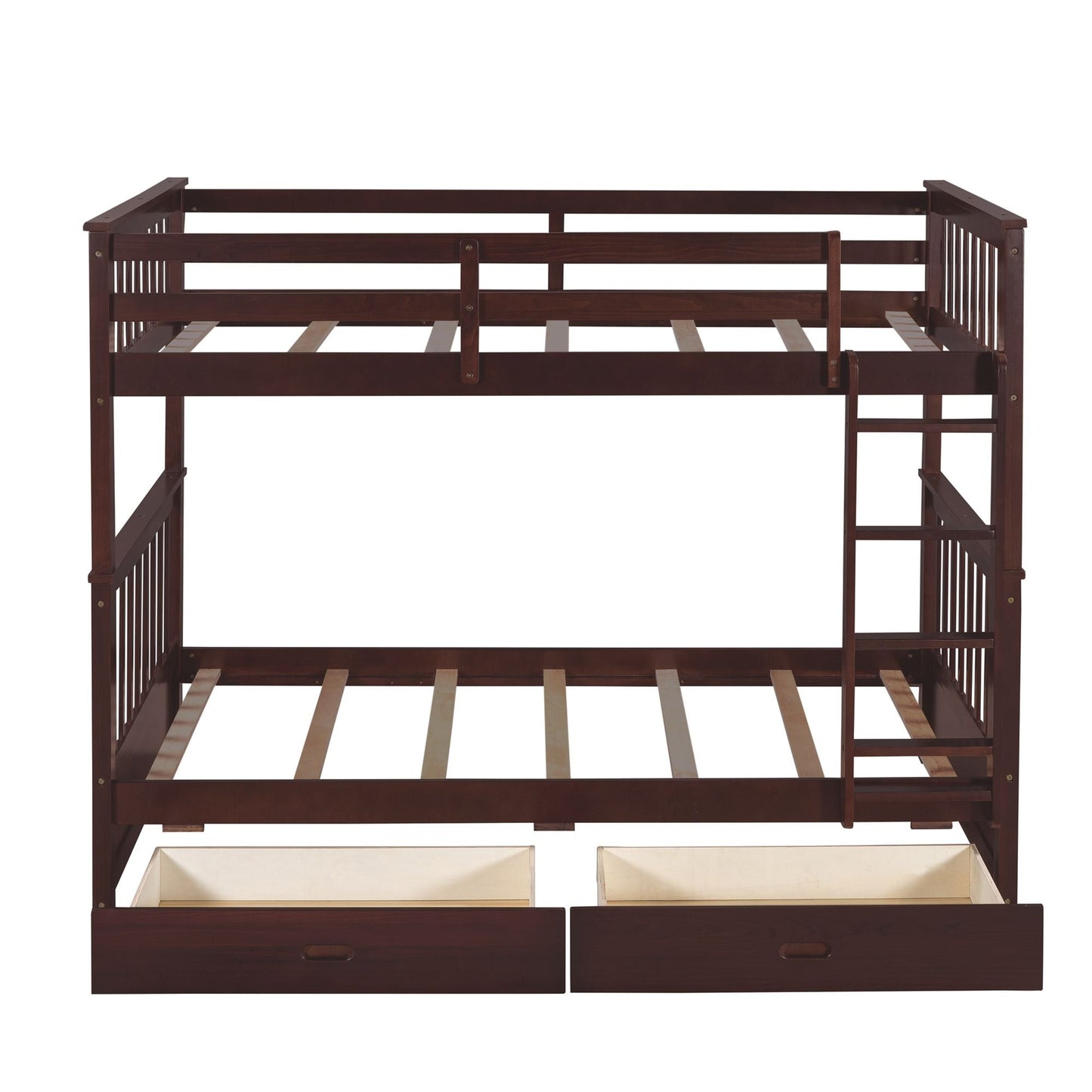 Storage-Enhanced Twin Over Twin Wood Bunk Bed with Ladders, Two Drawers, White | Just Better Bunk Beds