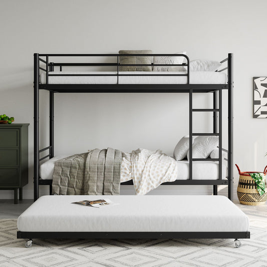 Space-Saving Full Metal Bunk Bed with Twin Trundle, Black | Just Better Bunk Beds
