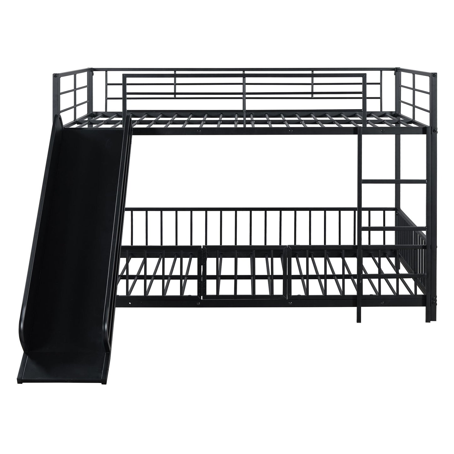 Full over Full Size Metal Bunk Bed with Slide and Guardrails,  Black