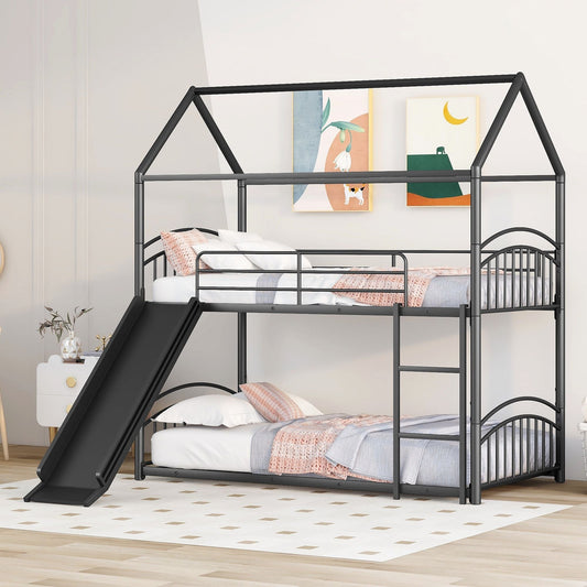 Kids Bedroom Twin Over Twin Metal Bunk Bed with Slide, Black | Just Better Bunk Beds