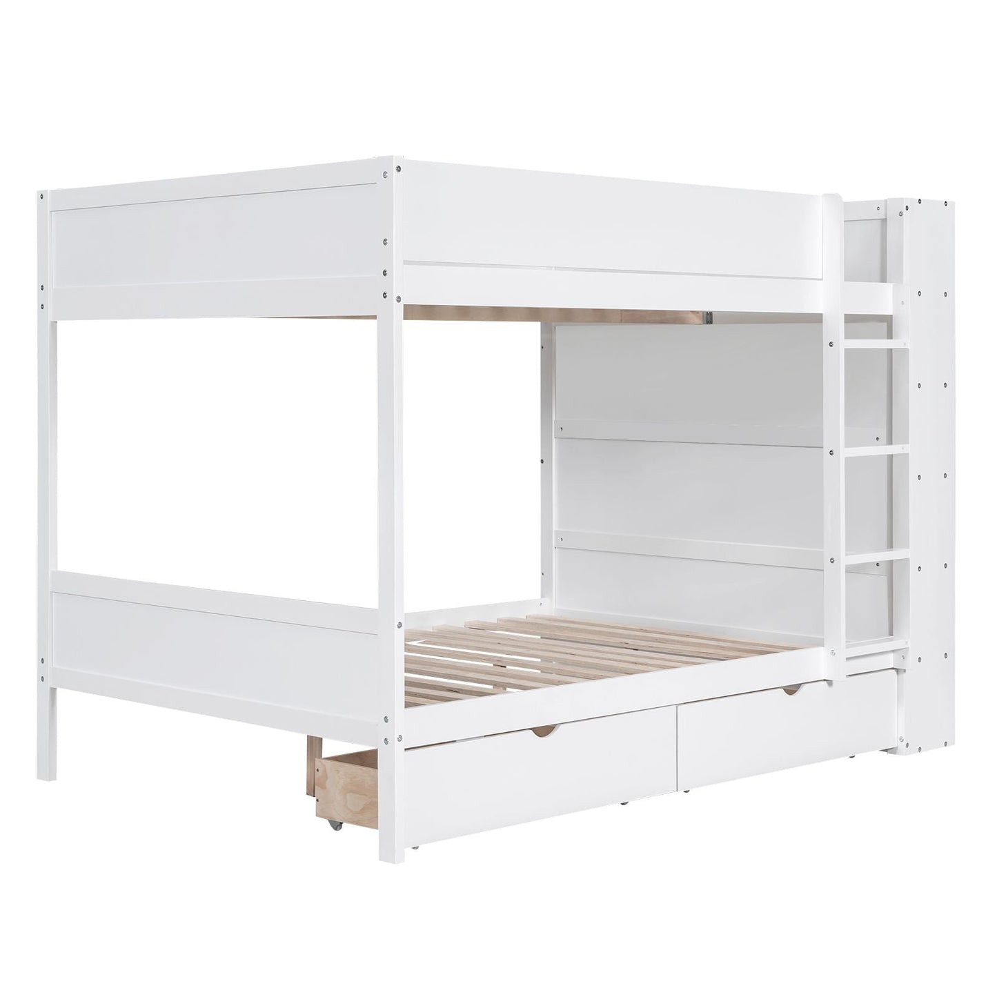 Organized Full Over Full Wood Bunk Bed with 2 Drawers and Multi-Layer Cabinet, White | Just Better Bunk Beds