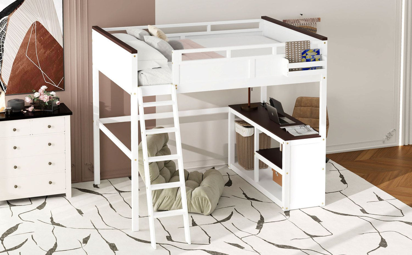 Space-Saving Queen Wood Loft Bed with Desk, Storage & USB Charging Station, White | Just Better Bunk Beds