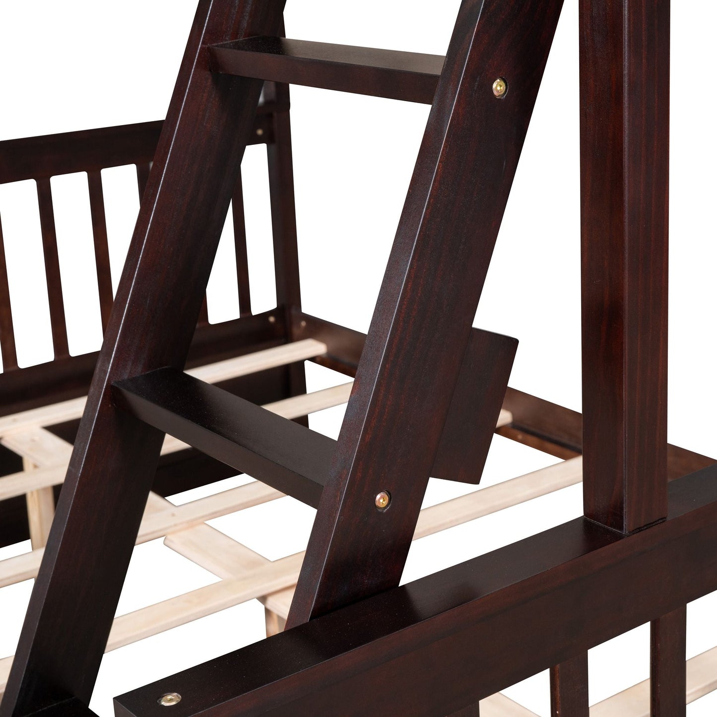 Heavy-Duty Twin Over Full Wood Bunk Bed with Ladder and Two Storage Drawers, Espresso | Just Better Bunk Beds