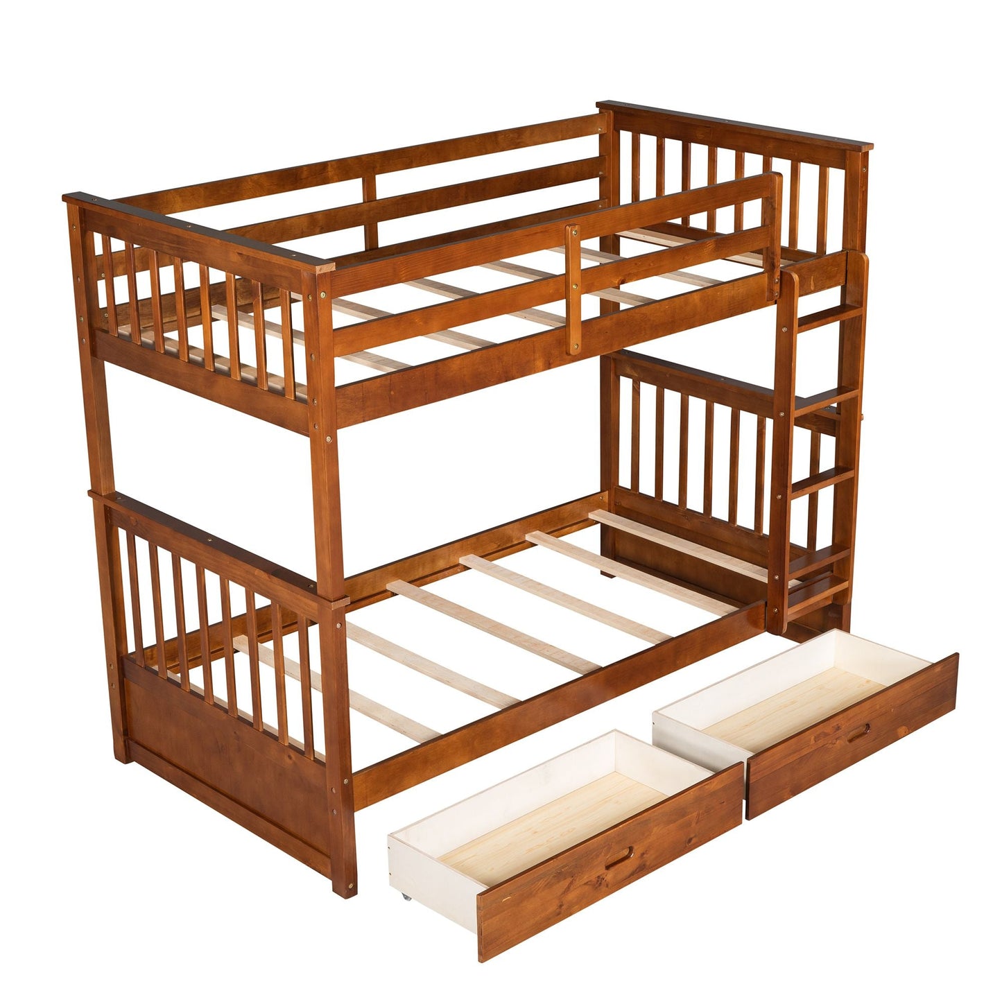 Kids Bedroom Twin Over Twin Wood Bunk Bed with Ladders and Two Storage Drawers, Walnut | Just Better Bunk Beds