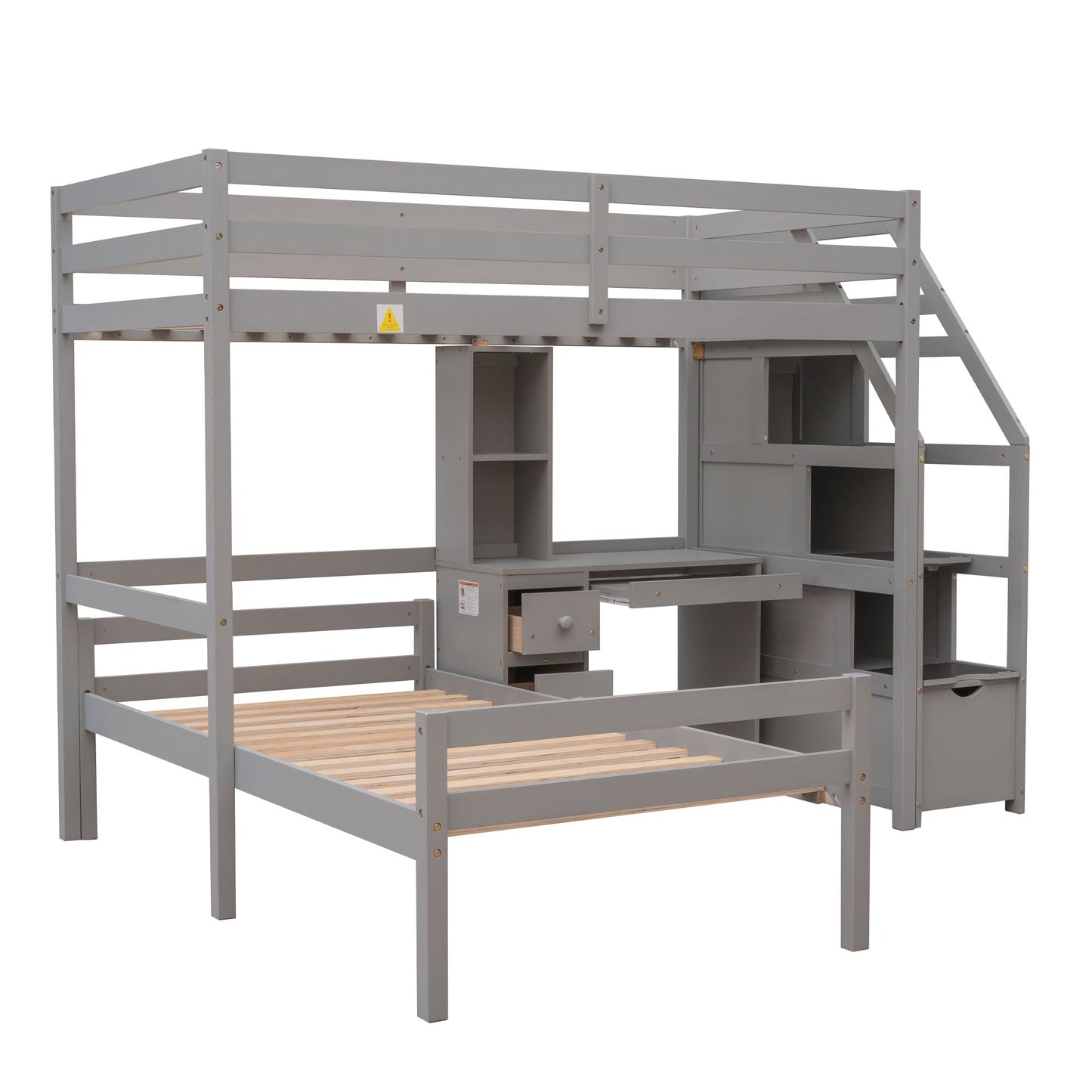 Space-Saving Twin Wood Loft Bed with Stand-Alone Bed, Storage Staircase, Desk, Shelves and Drawers, White | Just Better Bunk Beds