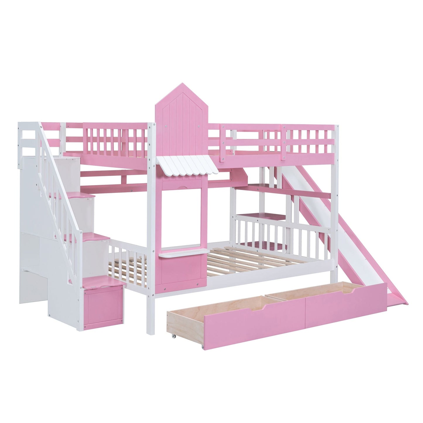 House-Style Full Over Full Wood Castle Bunk Bed with Drawers, Shelves, and Slide, Pink | Just Better Bunk Beds