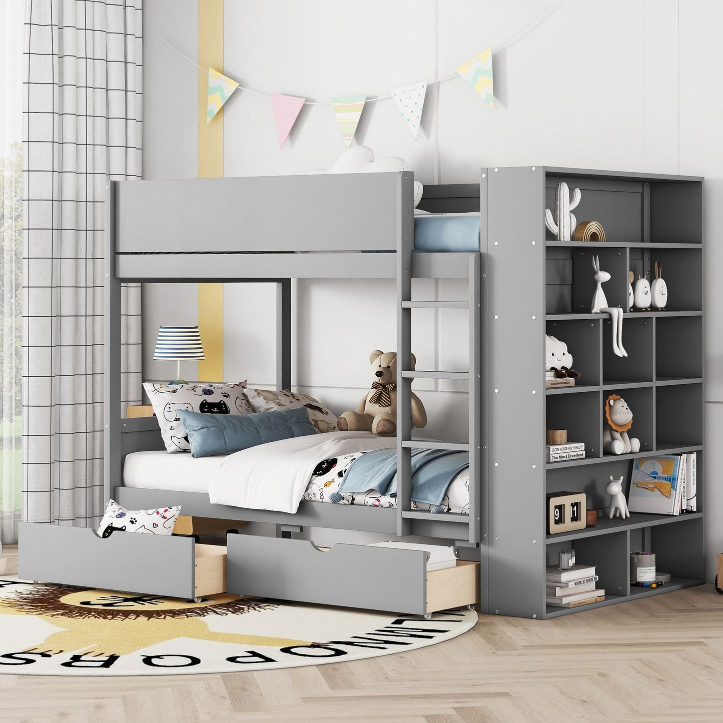 Twin over Twin Bunk Bed With 2 Drawers and Multi-layer Cabinet,  Gray