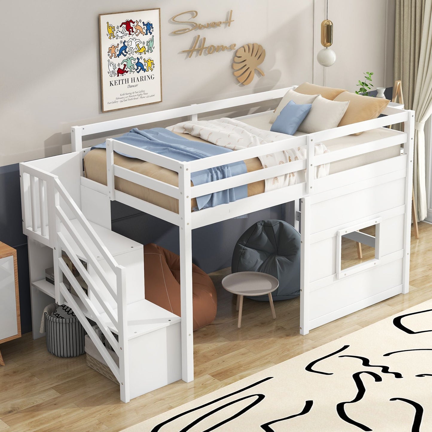 Space-Saving Twin Loft Wood Bed with Storage Staircase and Window, White | Just Better Bunk Beds