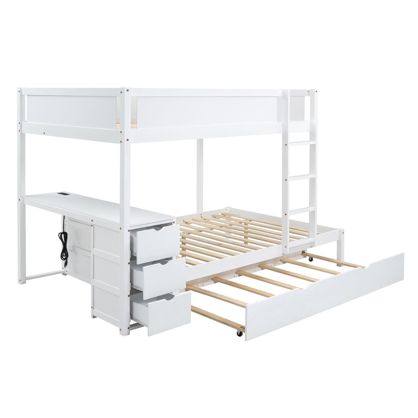 Multi-Functional Full Over Full Wood Bunk Bed with Twin Trundle, Storage, Desk, White | Just Better Bunk Beds
